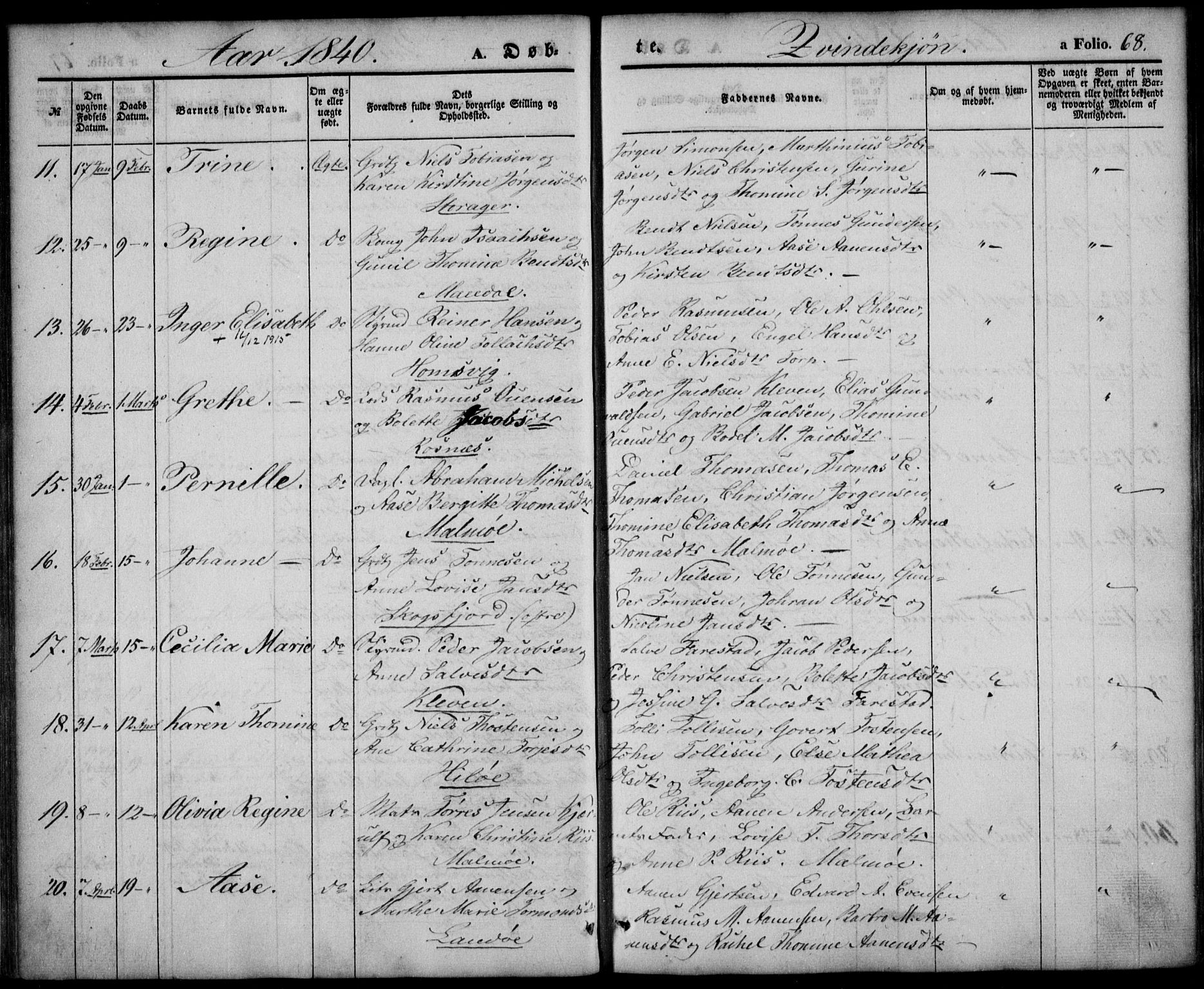 Mandal sokneprestkontor, SAK/1111-0030/F/Fa/Faa/L0012: Parish register (official) no. A 12, 1840-1847, p. 68