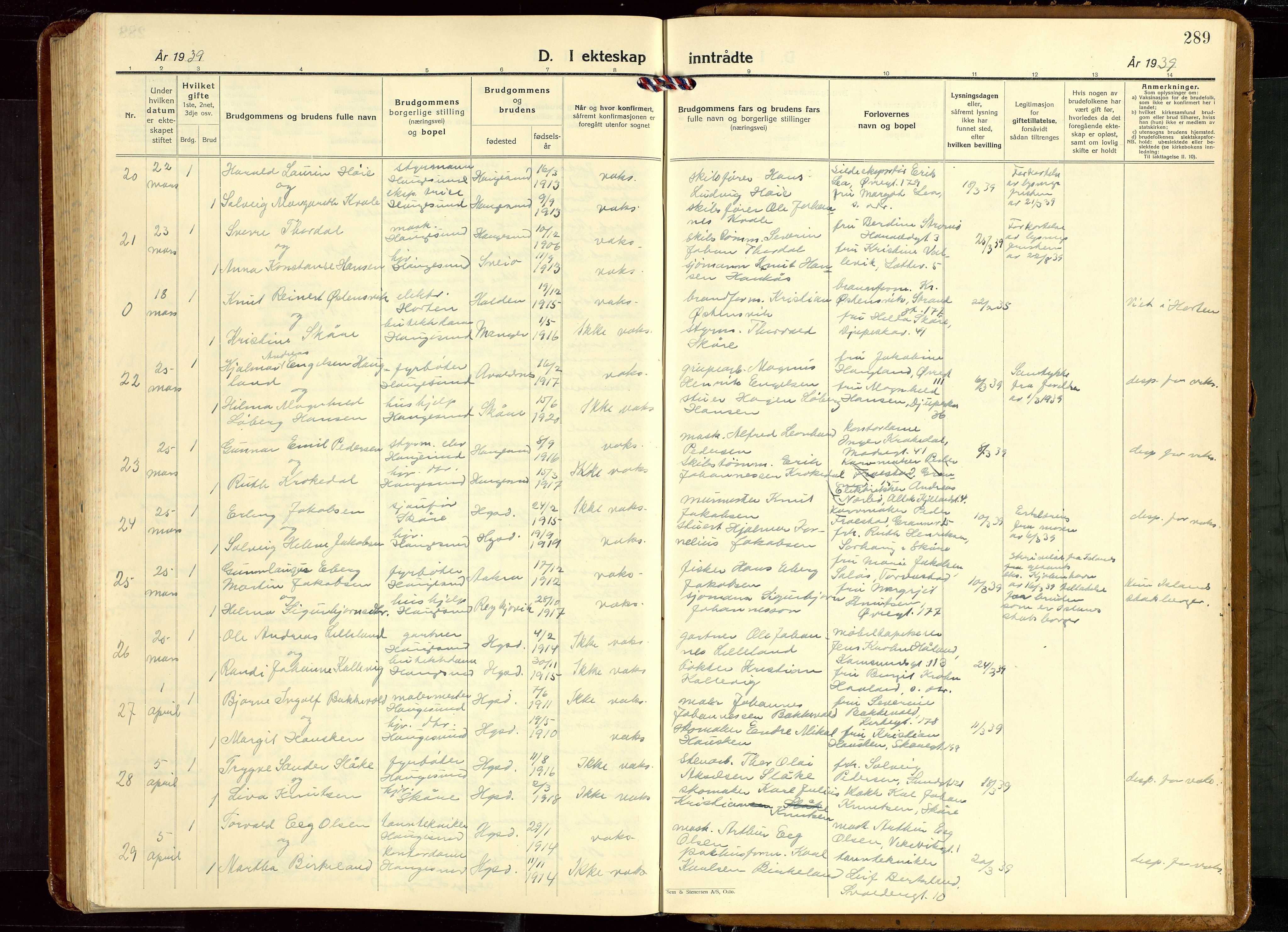 Haugesund sokneprestkontor, AV/SAST-A -101863/H/Ha/Hab/L0013: Parish register (copy) no. B 13, 1931-1943, p. 289