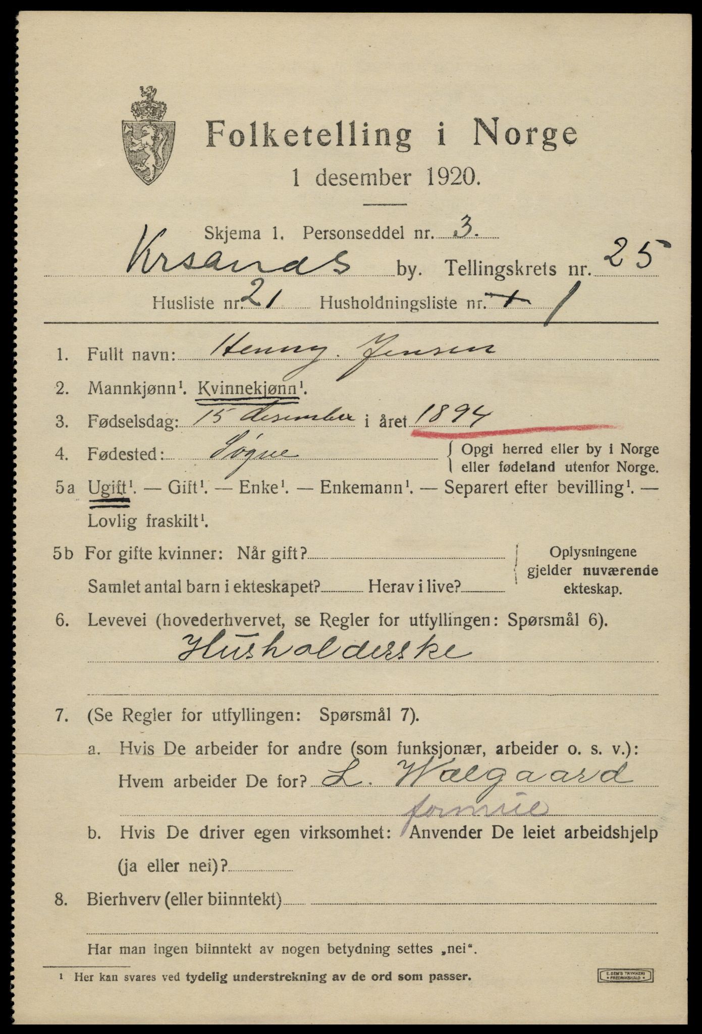 SAK, 1920 census for Kristiansand, 1920, p. 44017