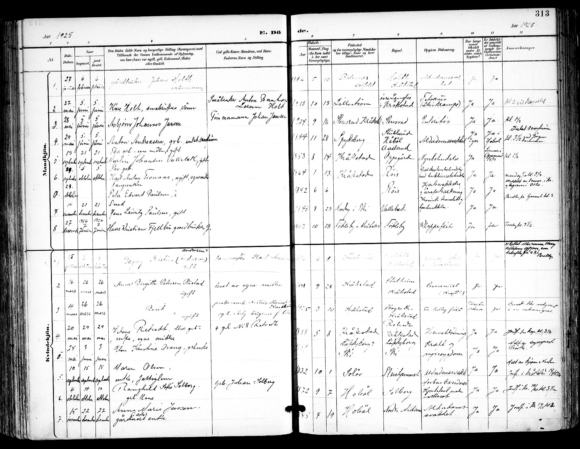 Kråkstad prestekontor Kirkebøker, SAO/A-10125a/F/Fa/L0010: Parish register (official) no. I 10, 1893-1931, p. 313