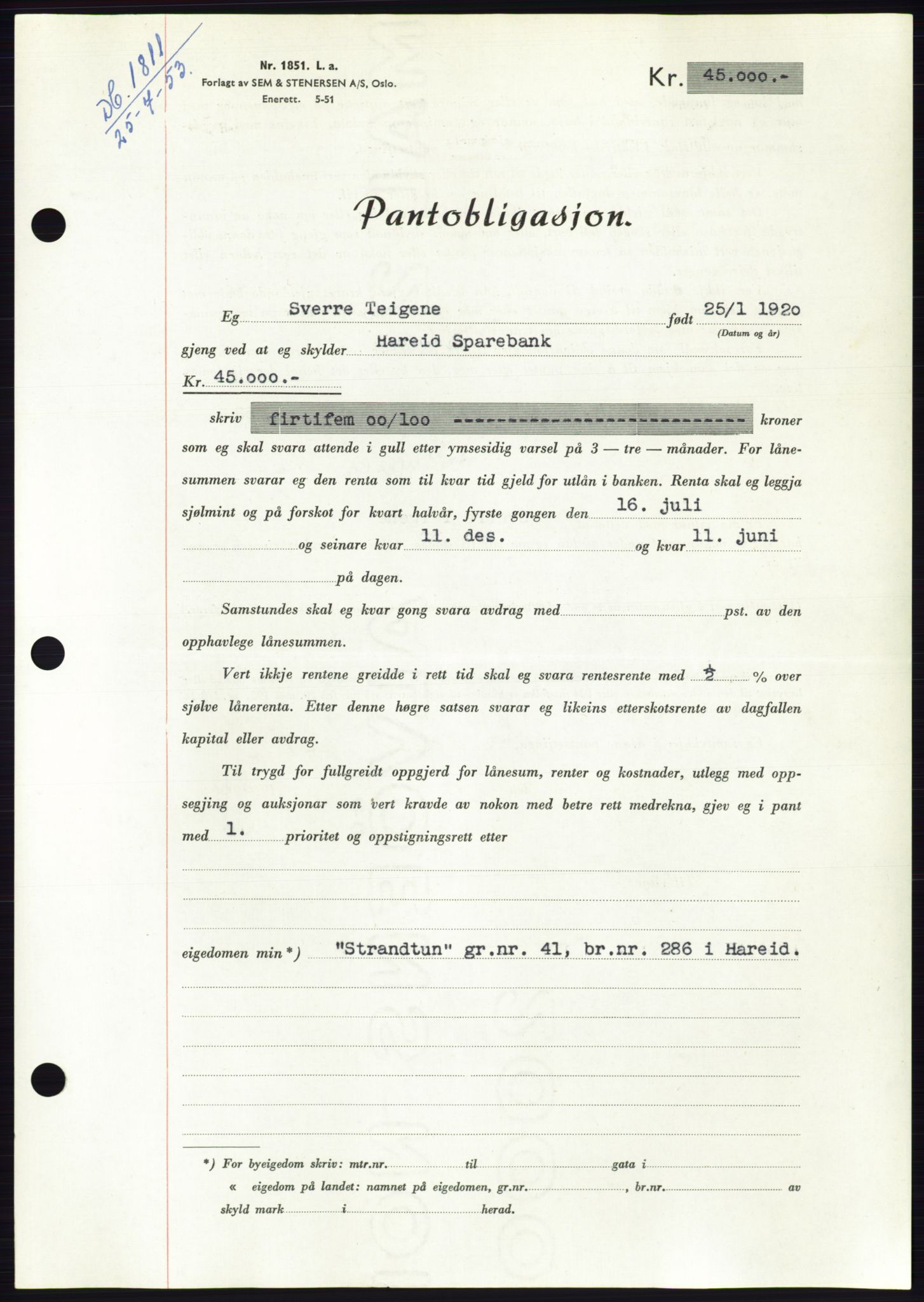 Søre Sunnmøre sorenskriveri, AV/SAT-A-4122/1/2/2C/L0123: Mortgage book no. 11B, 1953-1953, Diary no: : 1811/1953