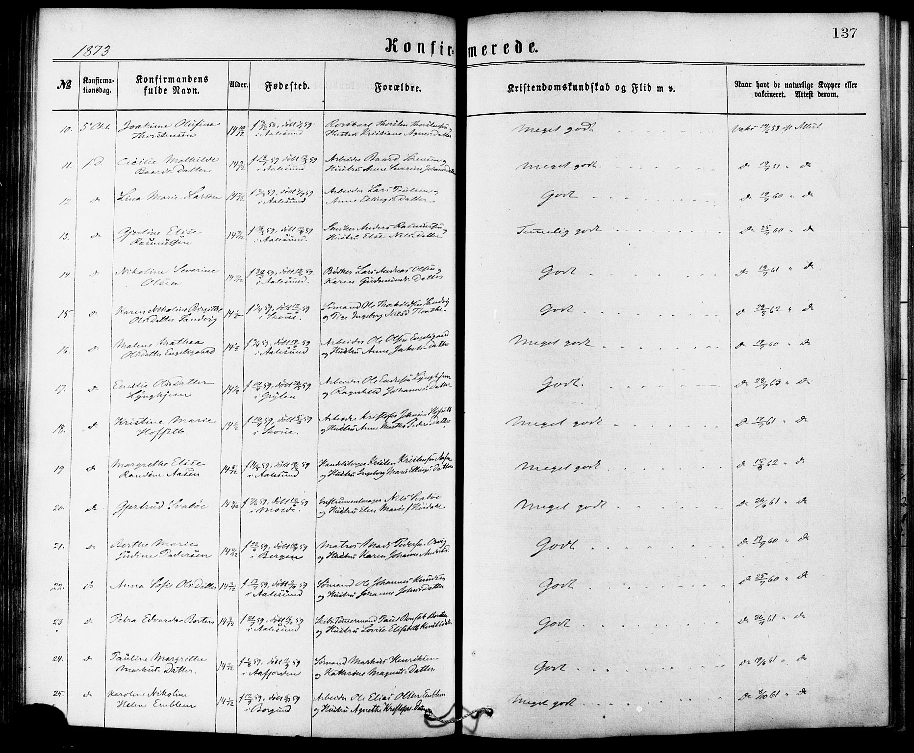 Ministerialprotokoller, klokkerbøker og fødselsregistre - Møre og Romsdal, AV/SAT-A-1454/529/L0453: Parish register (official) no. 529A03, 1872-1877, p. 137