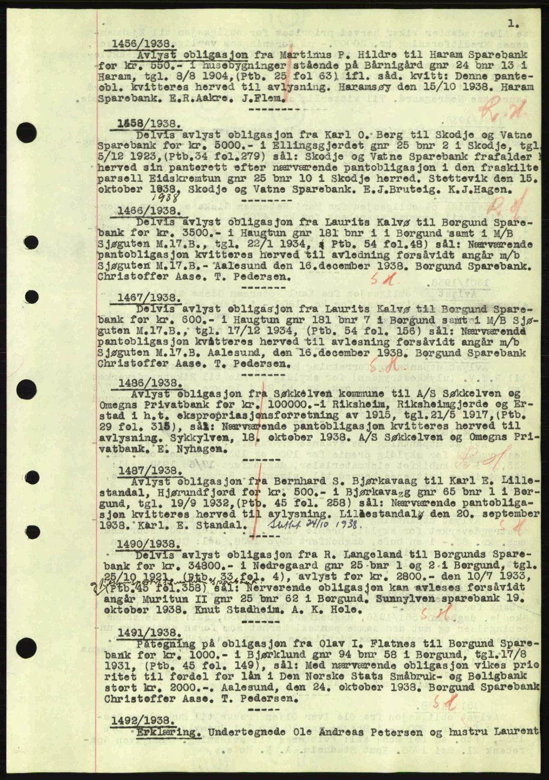 Nordre Sunnmøre sorenskriveri, AV/SAT-A-0006/1/2/2C/2Ca: Mortgage book no. B1-6, 1938-1942, Diary no: : 1456/1938