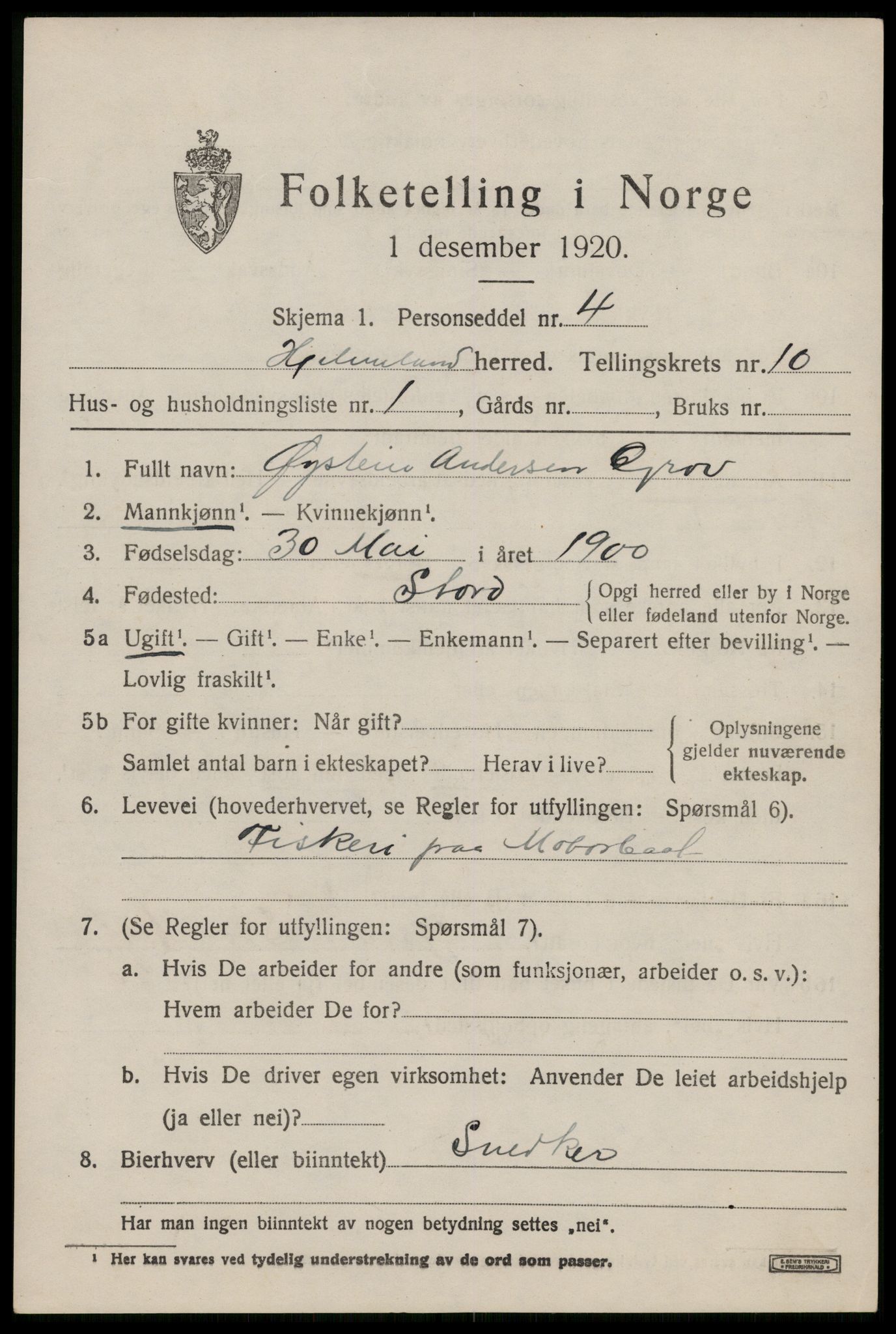 SAST, 1920 census for Hjelmeland, 1920, p. 3127