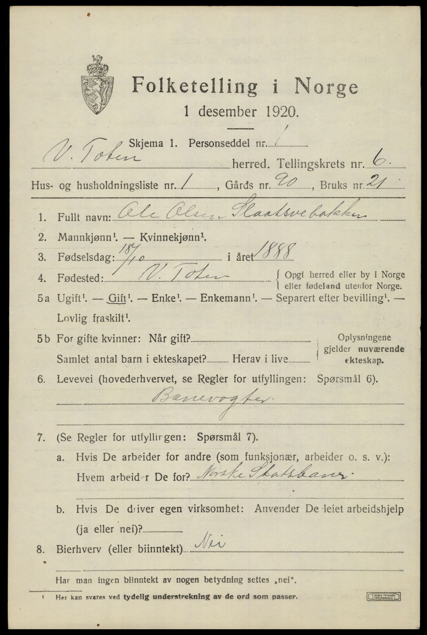 SAH, 1920 census for Vestre Toten, 1920, p. 8184