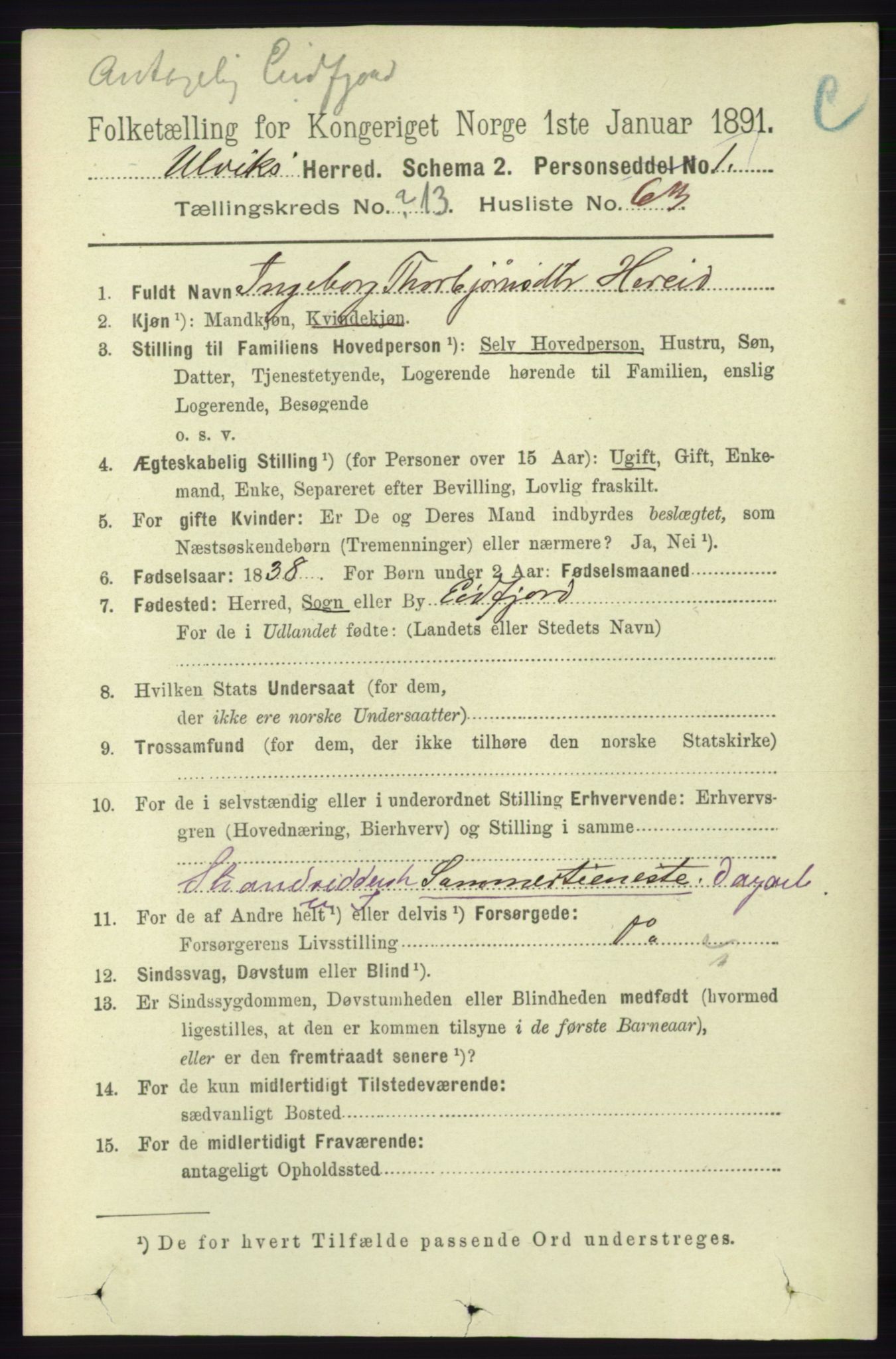 RA, 1891 census for 1233 Ulvik, 1891, p. 4196