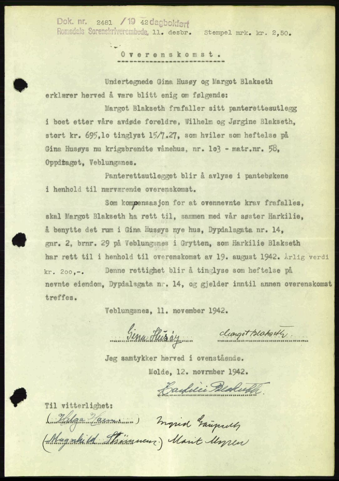 Romsdal sorenskriveri, AV/SAT-A-4149/1/2/2C: Mortgage book no. A13, 1942-1943, Diary no: : 2481/1942