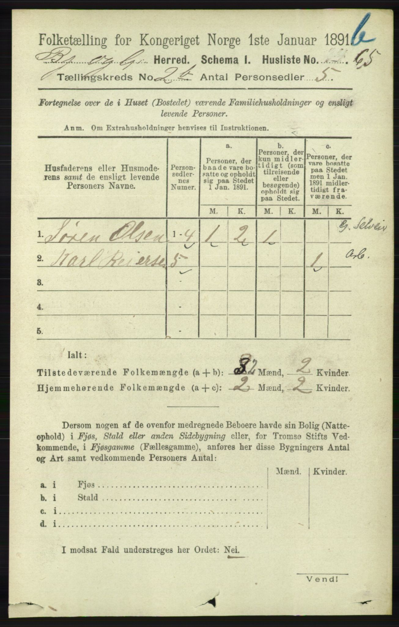 RA, 1891 census for 1024 Bjelland og Grindheim, 1891, p. 308