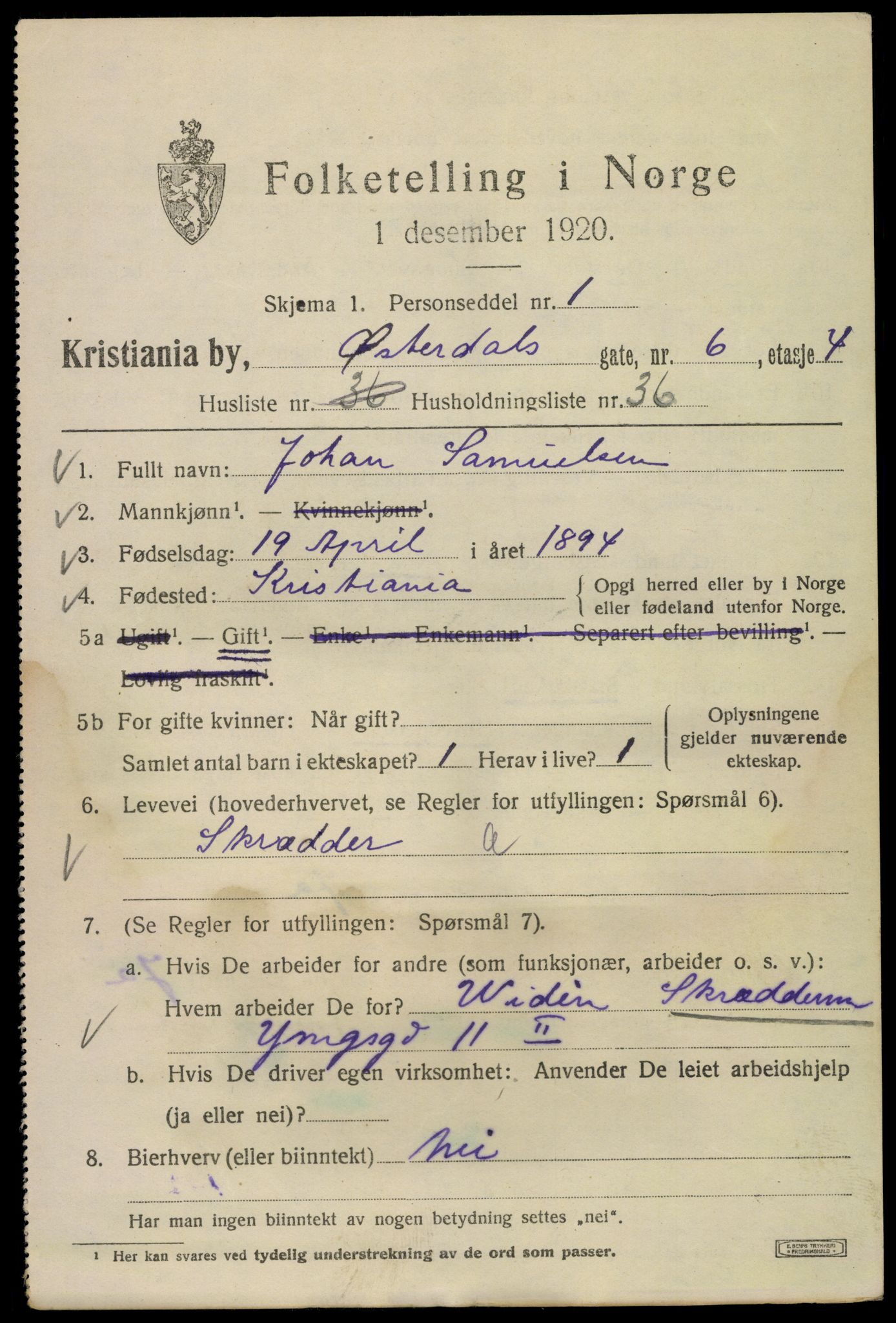 SAO, 1920 census for Kristiania, 1920, p. 656403