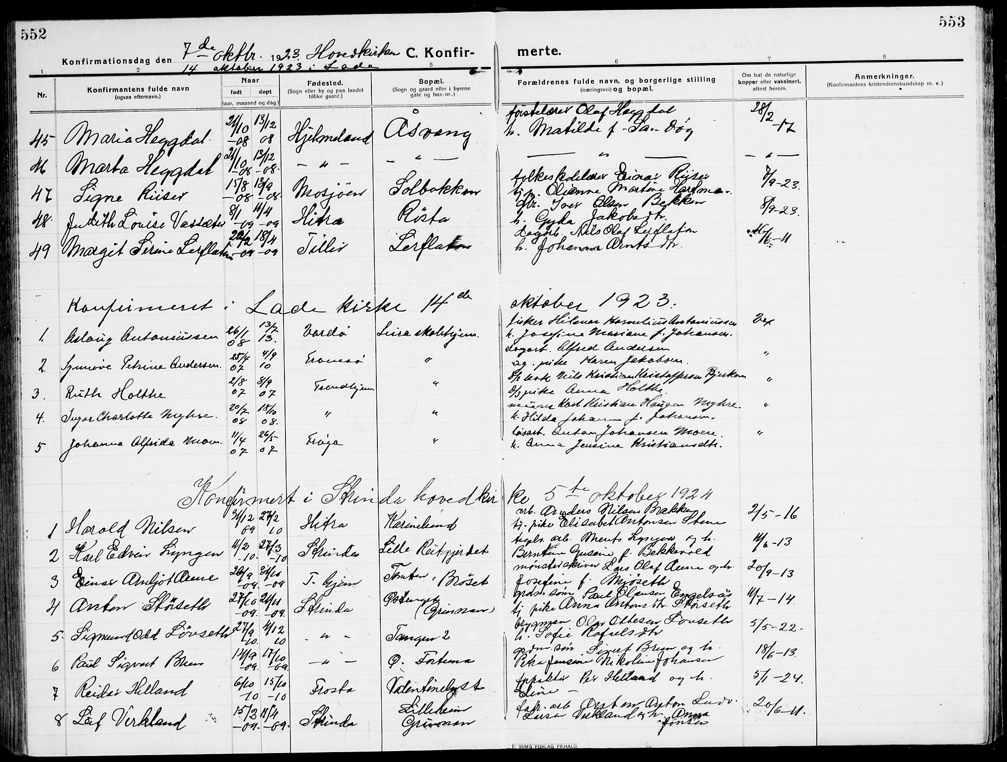 Ministerialprotokoller, klokkerbøker og fødselsregistre - Sør-Trøndelag, SAT/A-1456/607/L0321: Parish register (official) no. 607A05, 1916-1935, p. 552-553