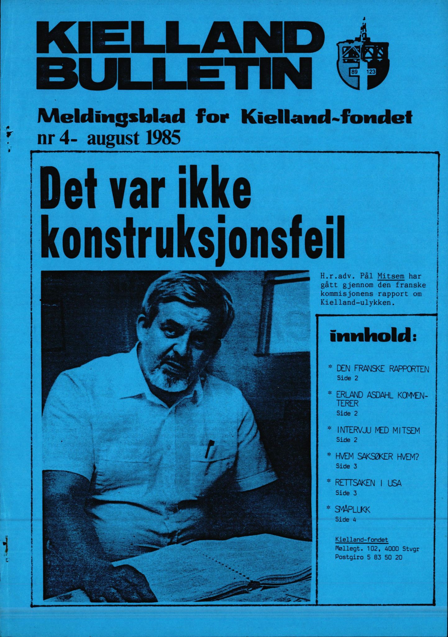 Pa 1660 - Kielland- fondet, AV/SAST-A-102242/X/Xa/L0001: Rapport til overlevende og etterlatte/ Kielland Bulletin, 1980-1998