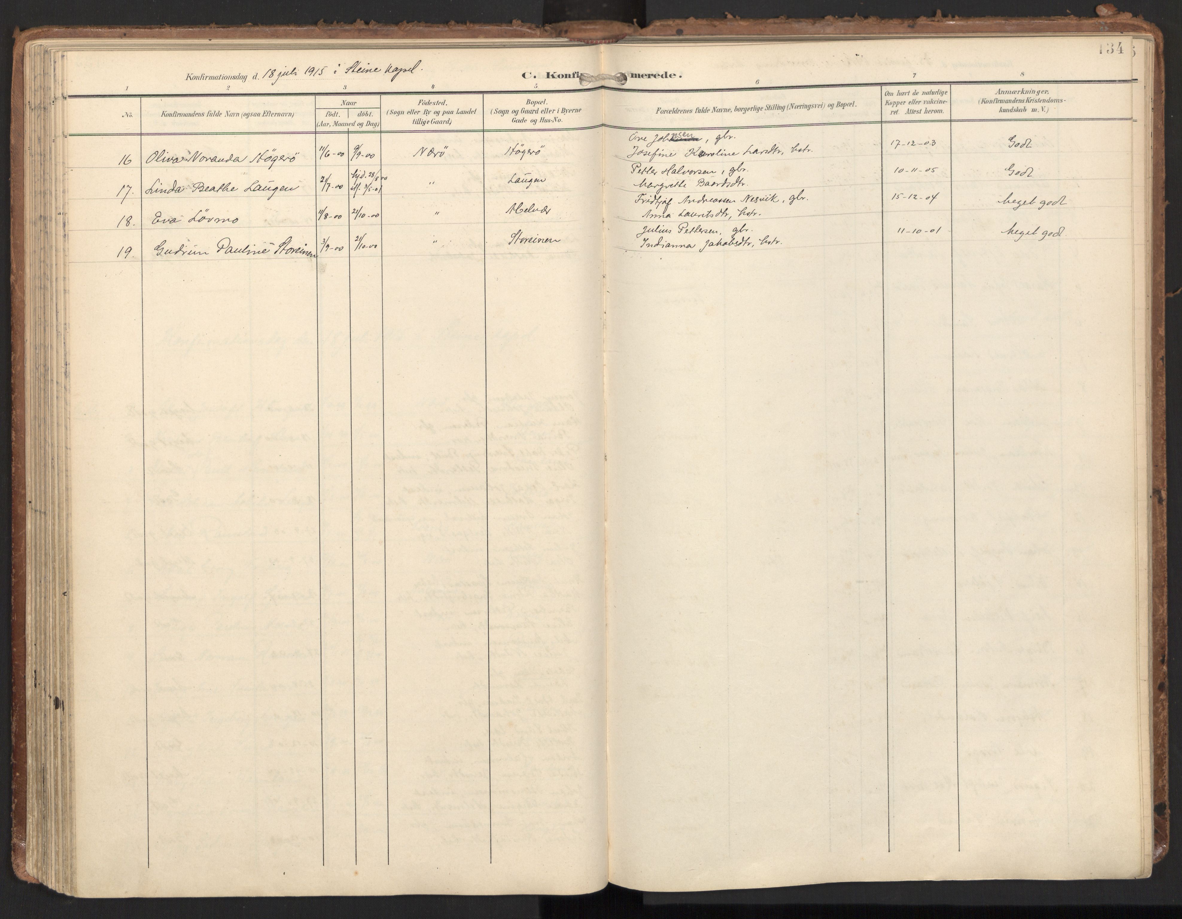 Ministerialprotokoller, klokkerbøker og fødselsregistre - Nord-Trøndelag, AV/SAT-A-1458/784/L0677: Parish register (official) no. 784A12, 1900-1920, p. 134