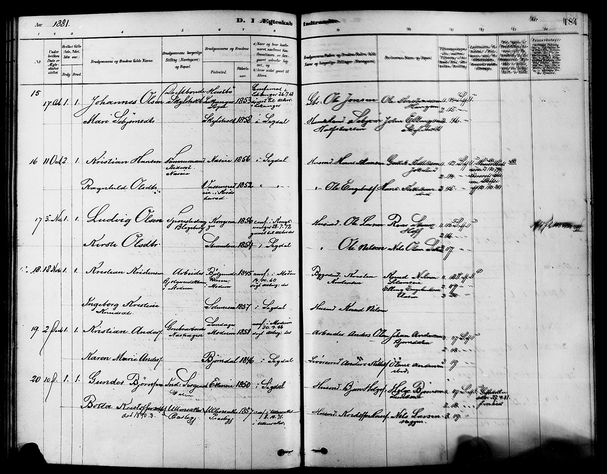 Sigdal kirkebøker, AV/SAKO-A-245/F/Fa/L0011: Parish register (official) no. I 11, 1879-1887, p. 184