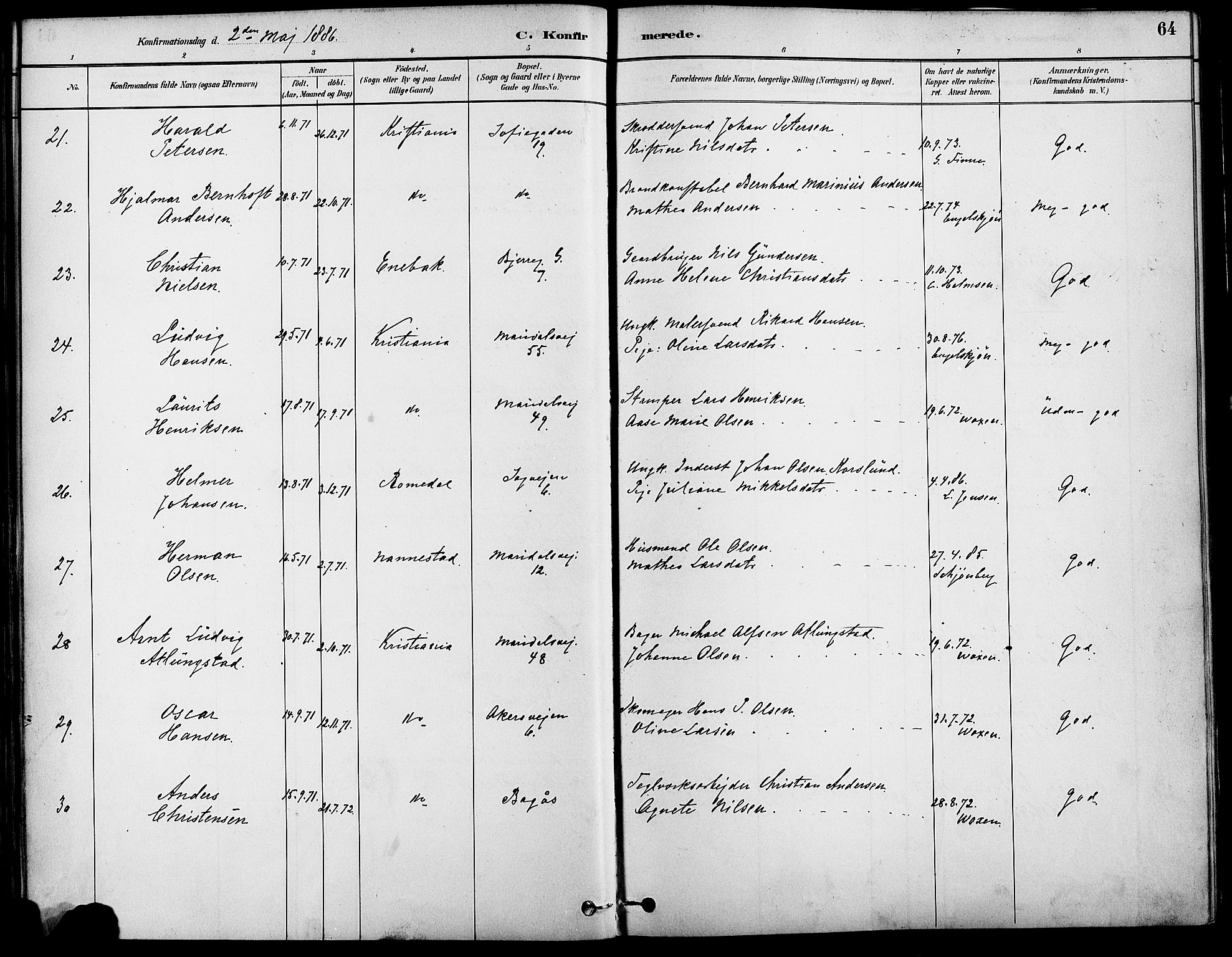 Gamle Aker prestekontor Kirkebøker, SAO/A-10617a/F/L0007: Parish register (official) no. 7, 1882-1890, p. 64