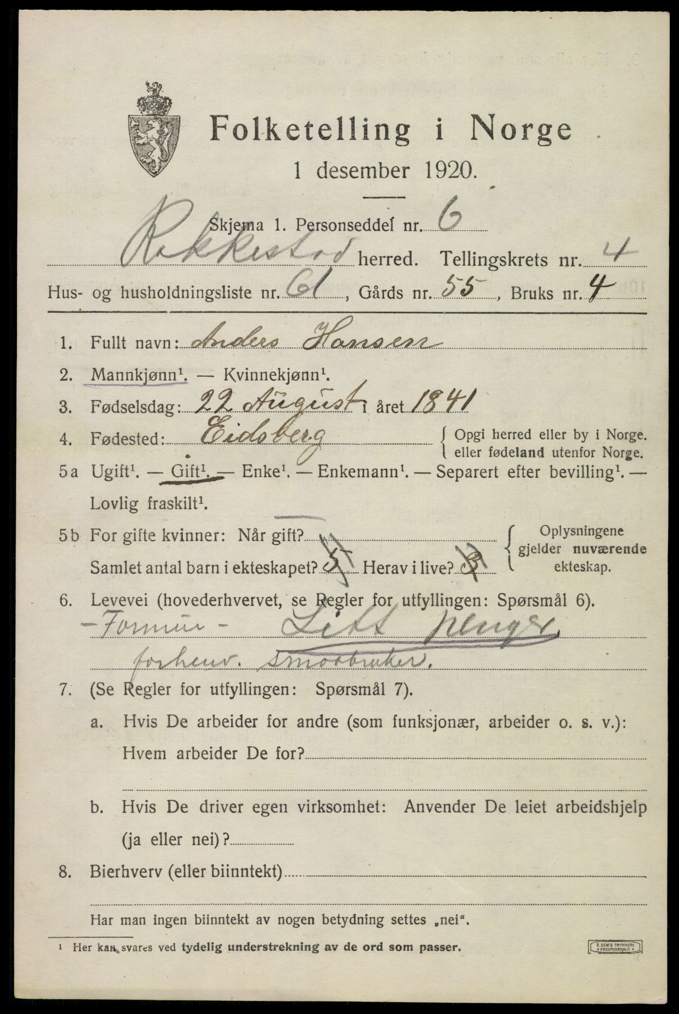 SAO, 1920 census for Rakkestad, 1920, p. 6005