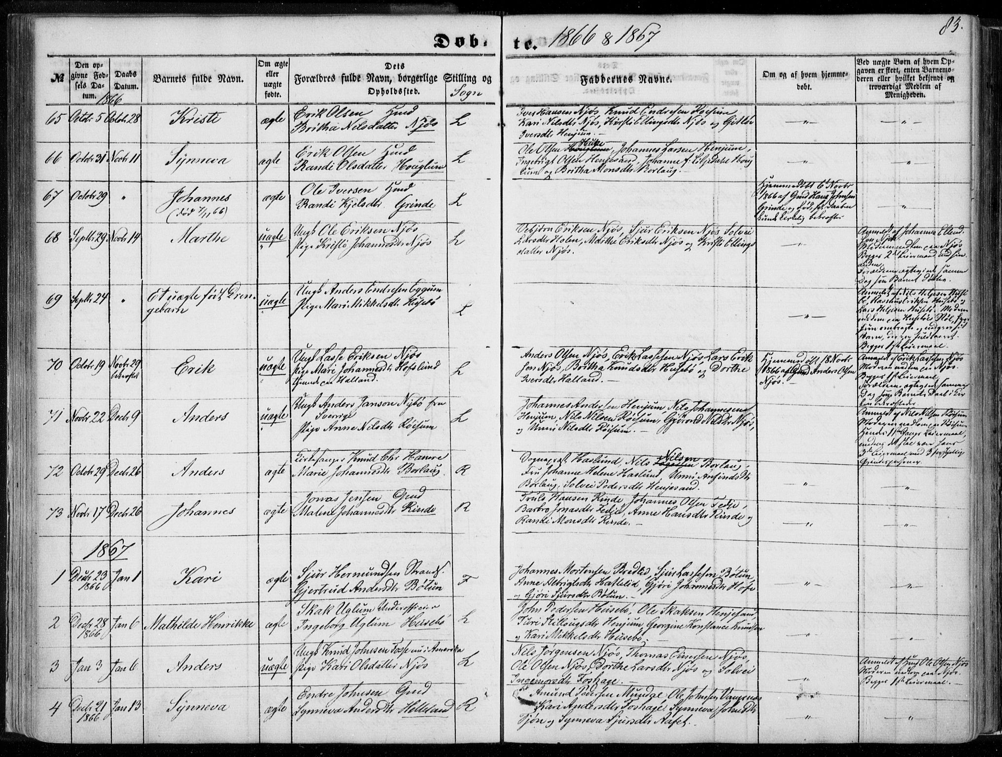 Leikanger sokneprestembete, AV/SAB-A-81001/H/Haa/Haaa/L0008: Parish register (official) no. A 8, 1852-1868, p. 83