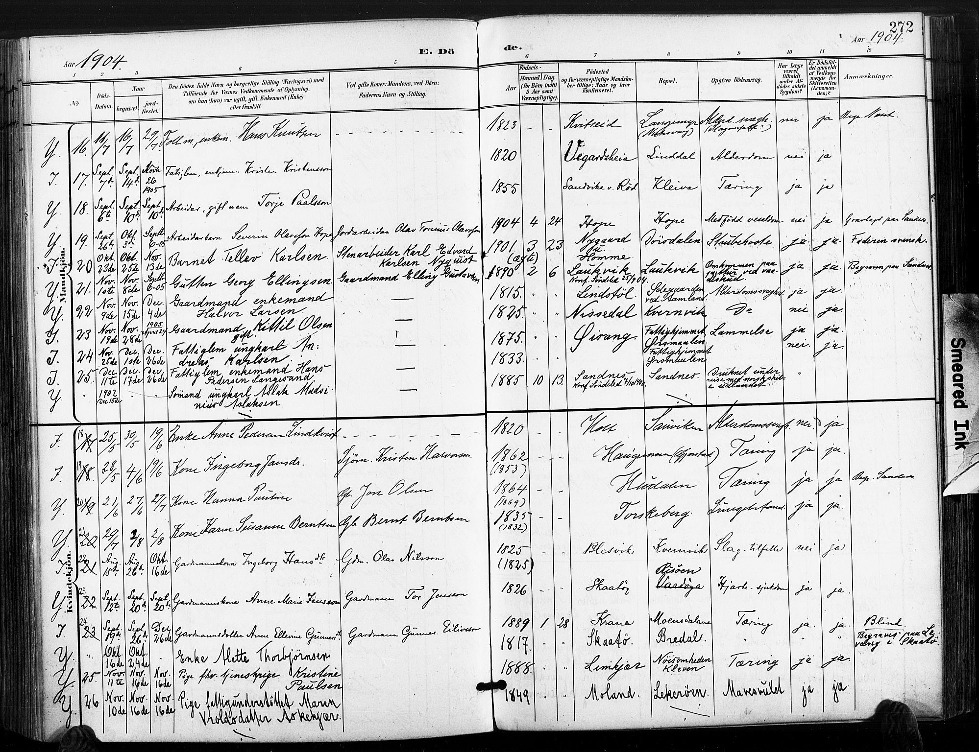 Søndeled sokneprestkontor, AV/SAK-1111-0038/F/Fa/L0006: Parish register (official) no. A 6, 1900-1922, p. 272