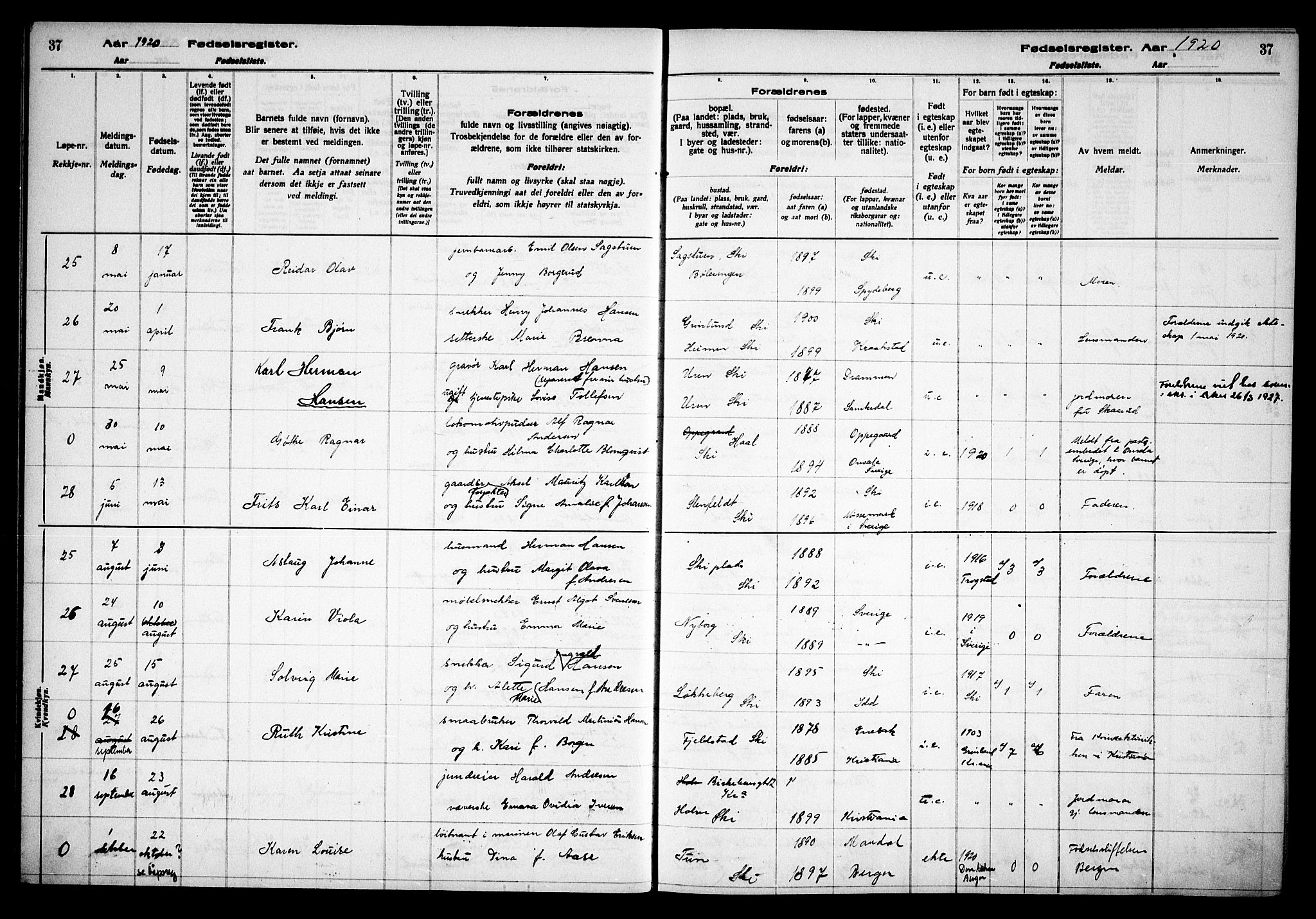 Kråkstad prestekontor Kirkebøker, AV/SAO-A-10125a/J/Jb/L0001: Birth register no. II 1, 1916-1936, p. 37