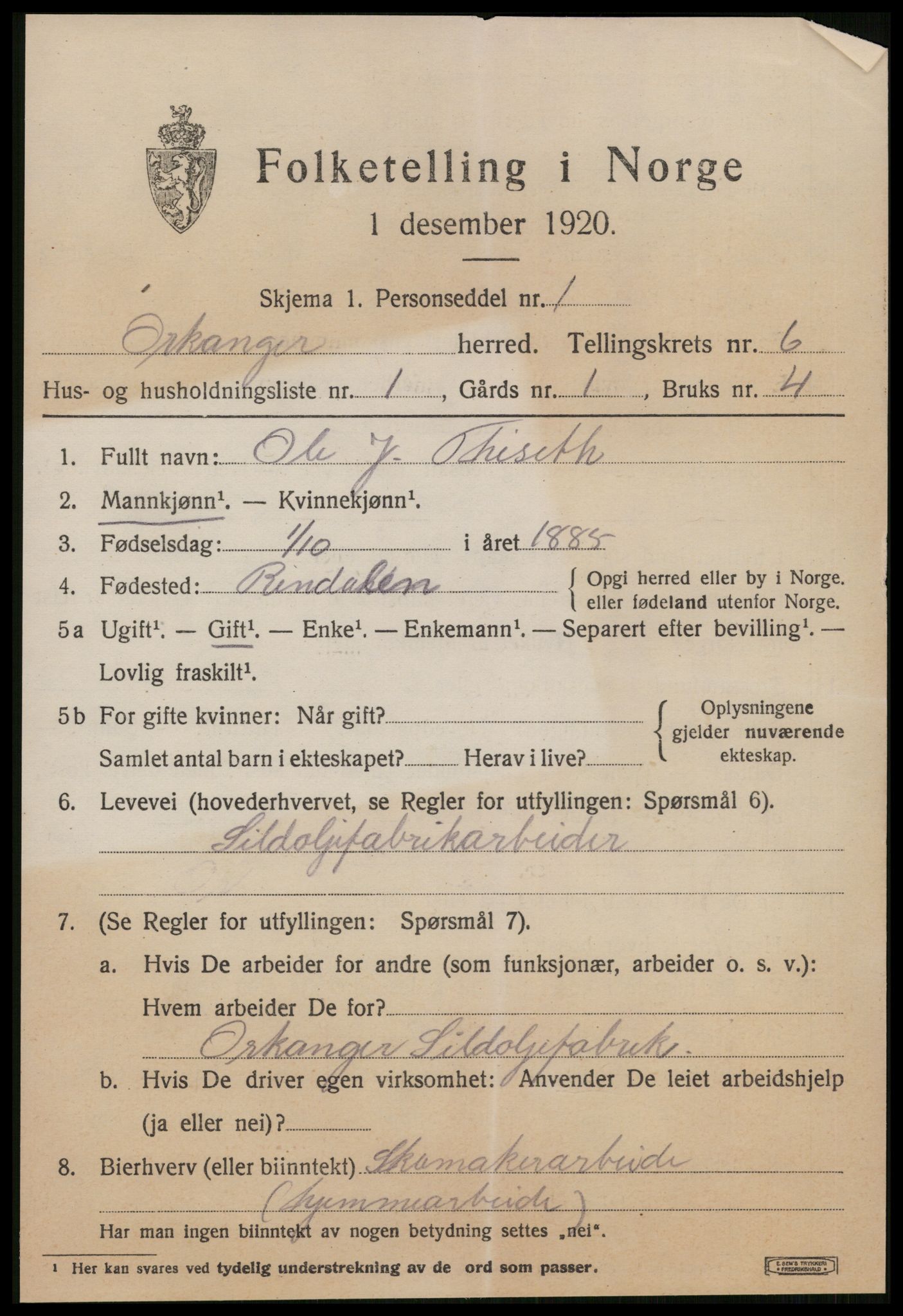 SAT, 1920 census for Orkanger, 1920, p. 3119