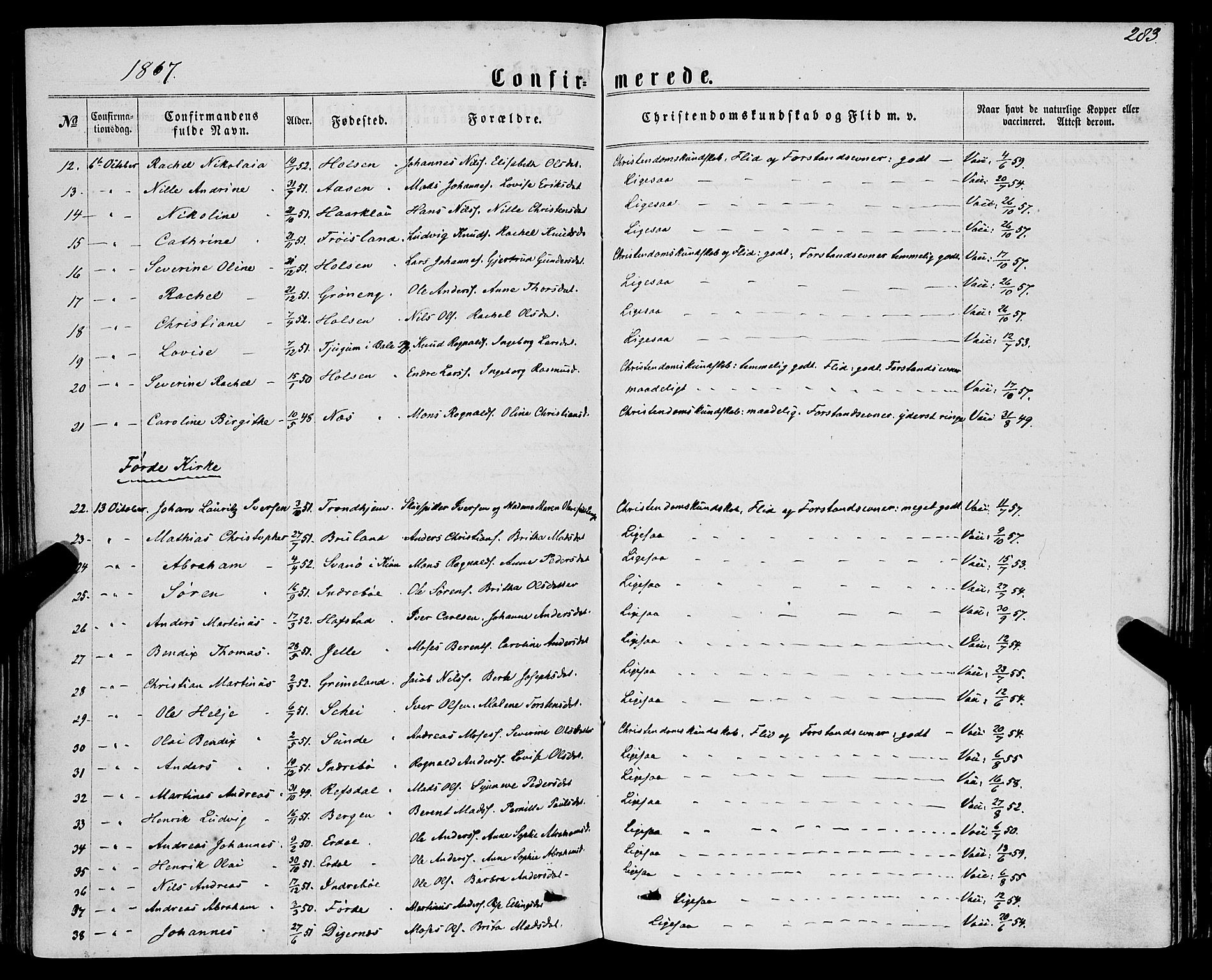 Førde sokneprestembete, SAB/A-79901/H/Haa/Haaa/L0009: Parish register (official) no. A 9, 1861-1877, p. 283