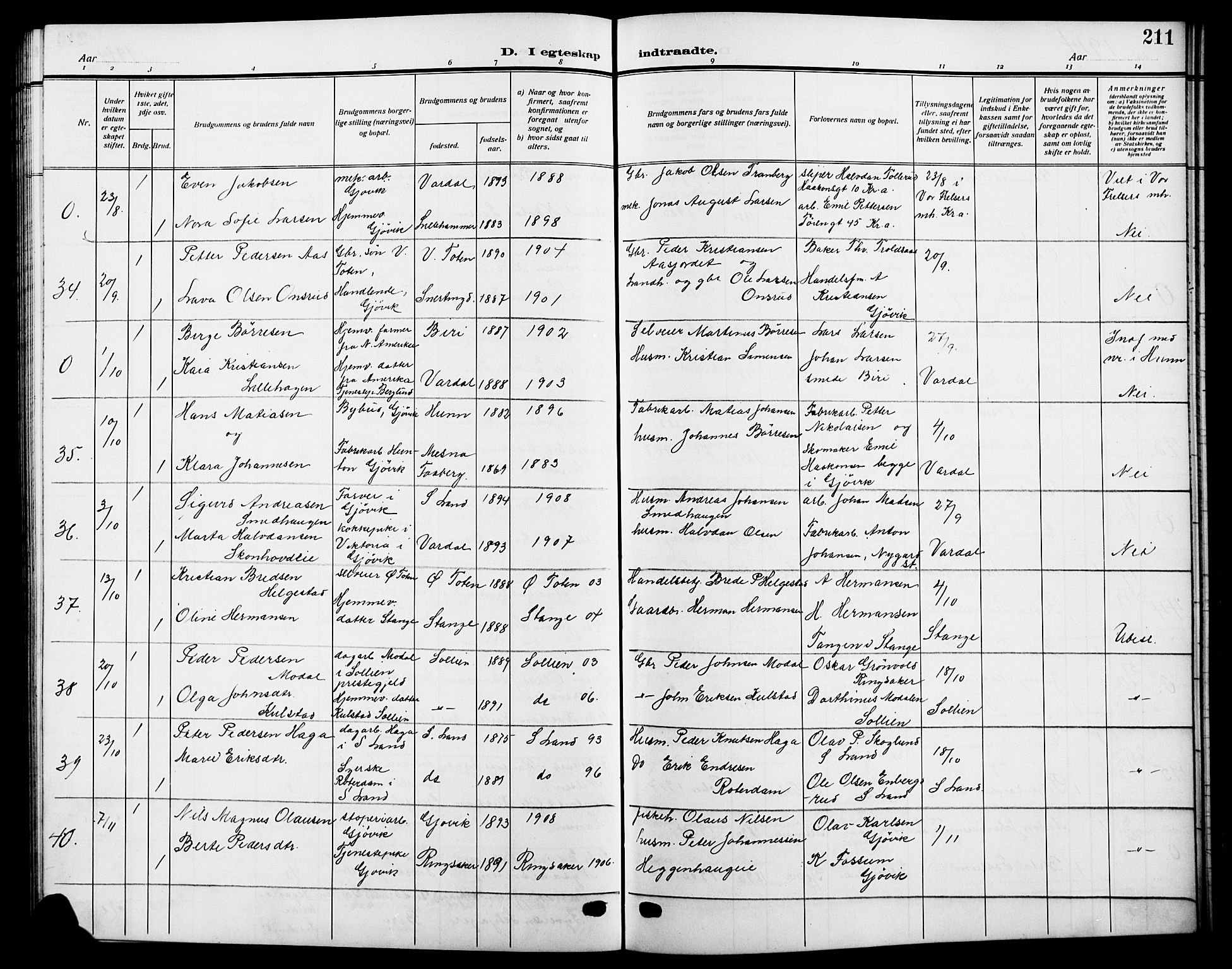 Vardal prestekontor, SAH/PREST-100/H/Ha/Hab/L0014: Parish register (copy) no. 14, 1911-1922, p. 211
