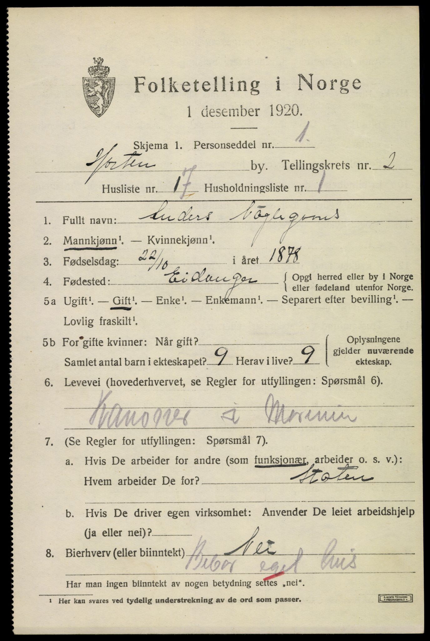 SAKO, 1920 census for Horten, 1920, p. 10389