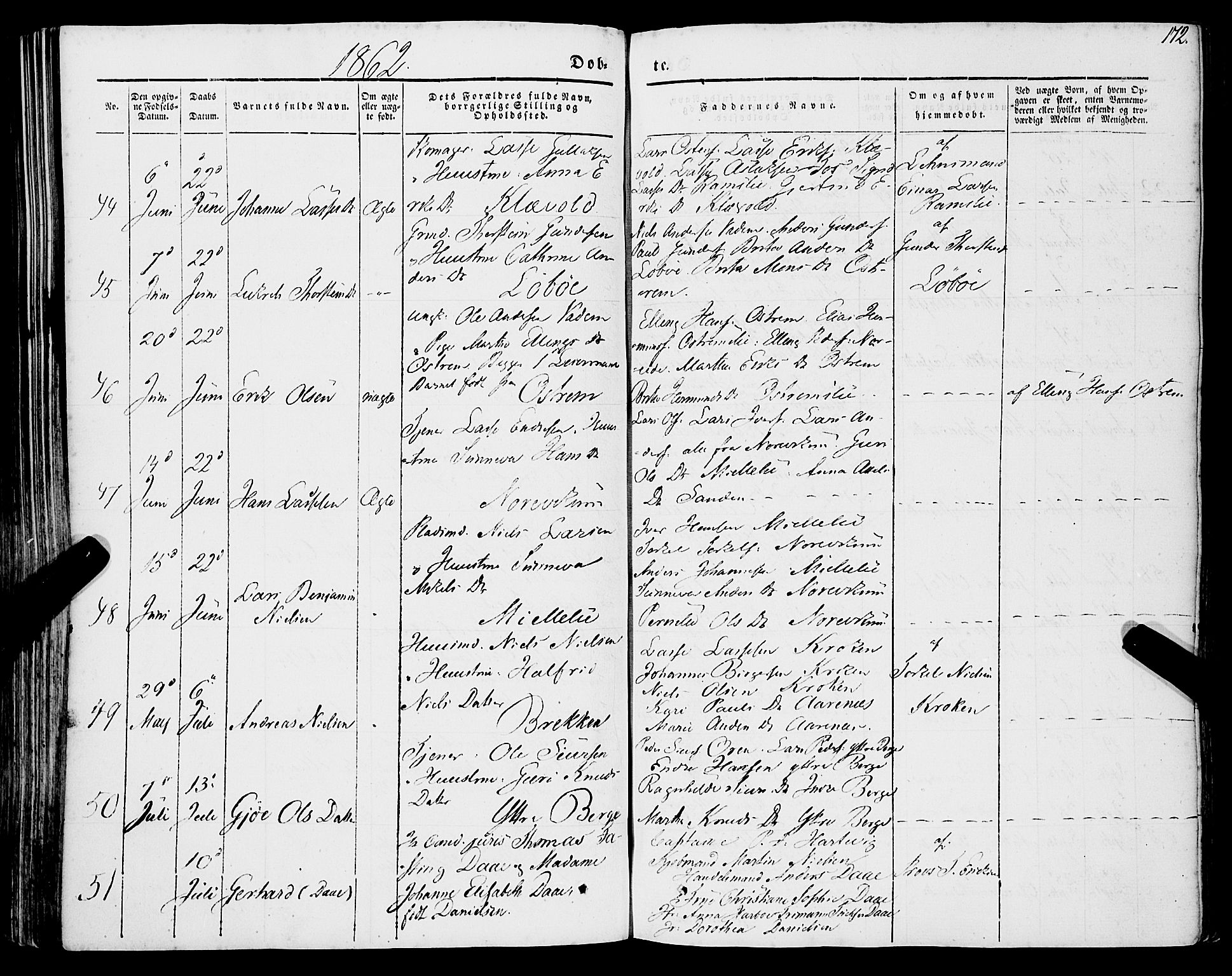 Lavik sokneprestembete, SAB/A-80901: Parish register (official) no. A 3, 1843-1863, p. 172