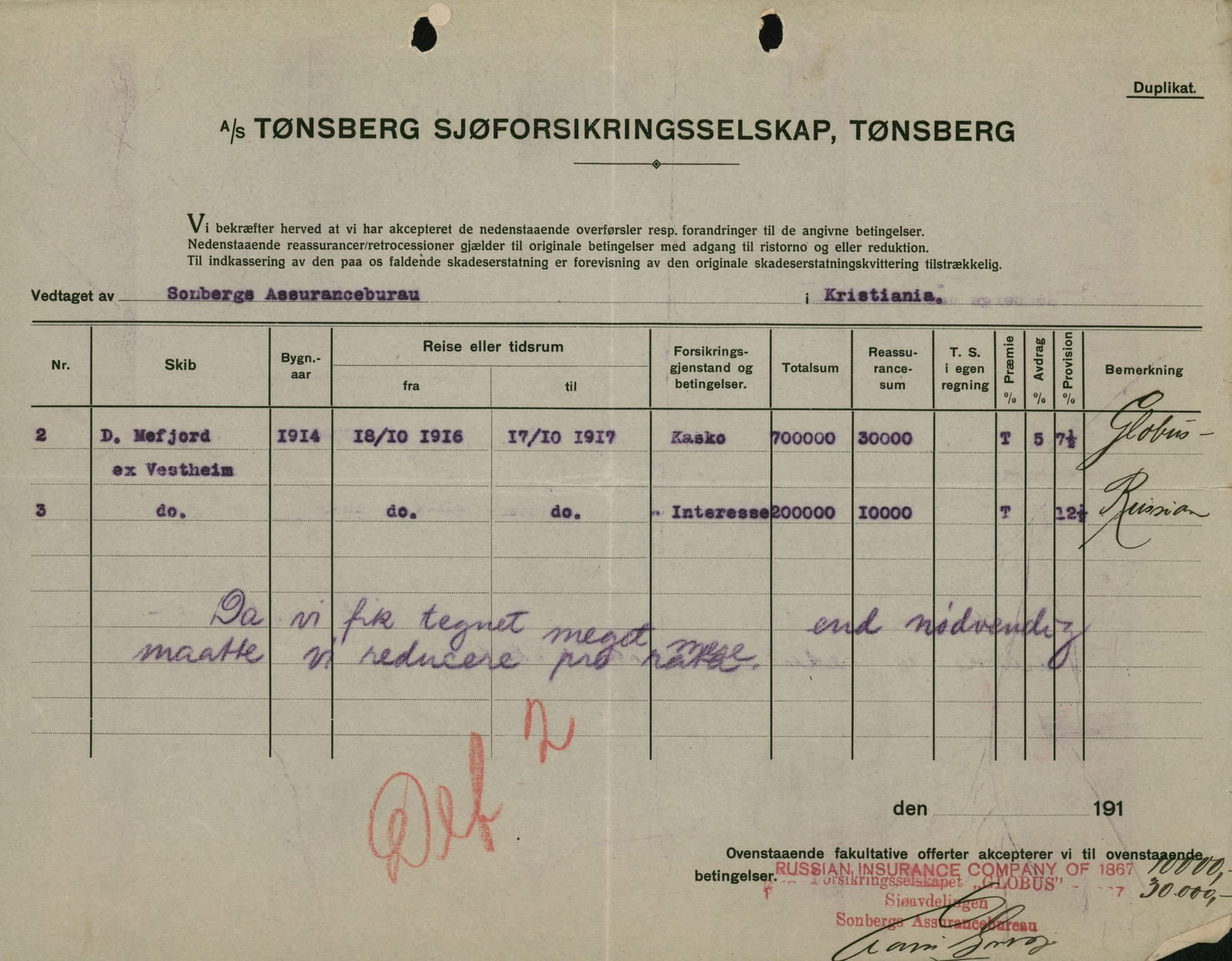 Pa 664 - Tønsberg Sjøforsikringsselskap, VEMU/A-1773/F/L0001: Forsikringspoliser, 1915-1918