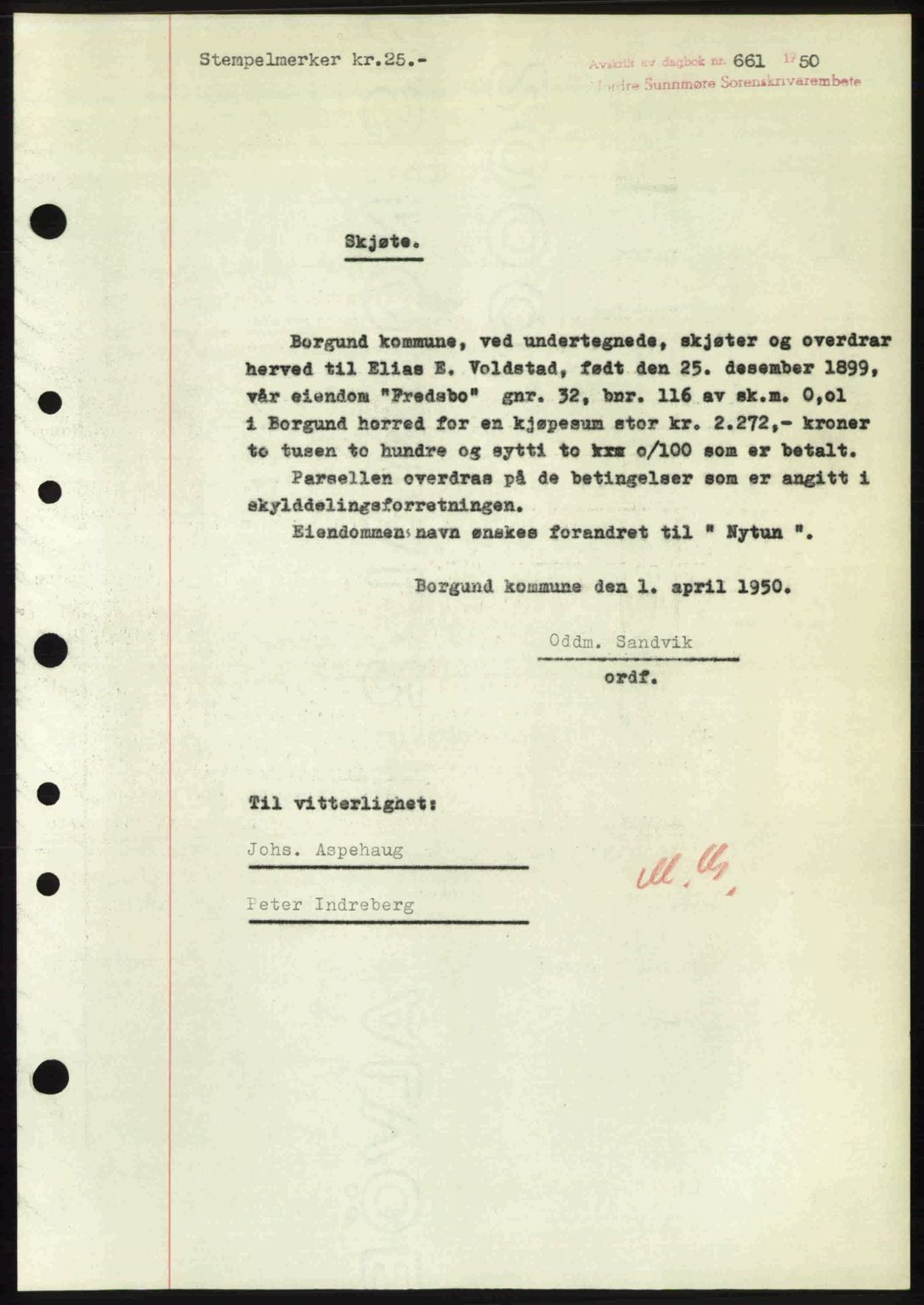 Nordre Sunnmøre sorenskriveri, AV/SAT-A-0006/1/2/2C/2Ca: Mortgage book no. A34, 1950-1950, Diary no: : 661/1950