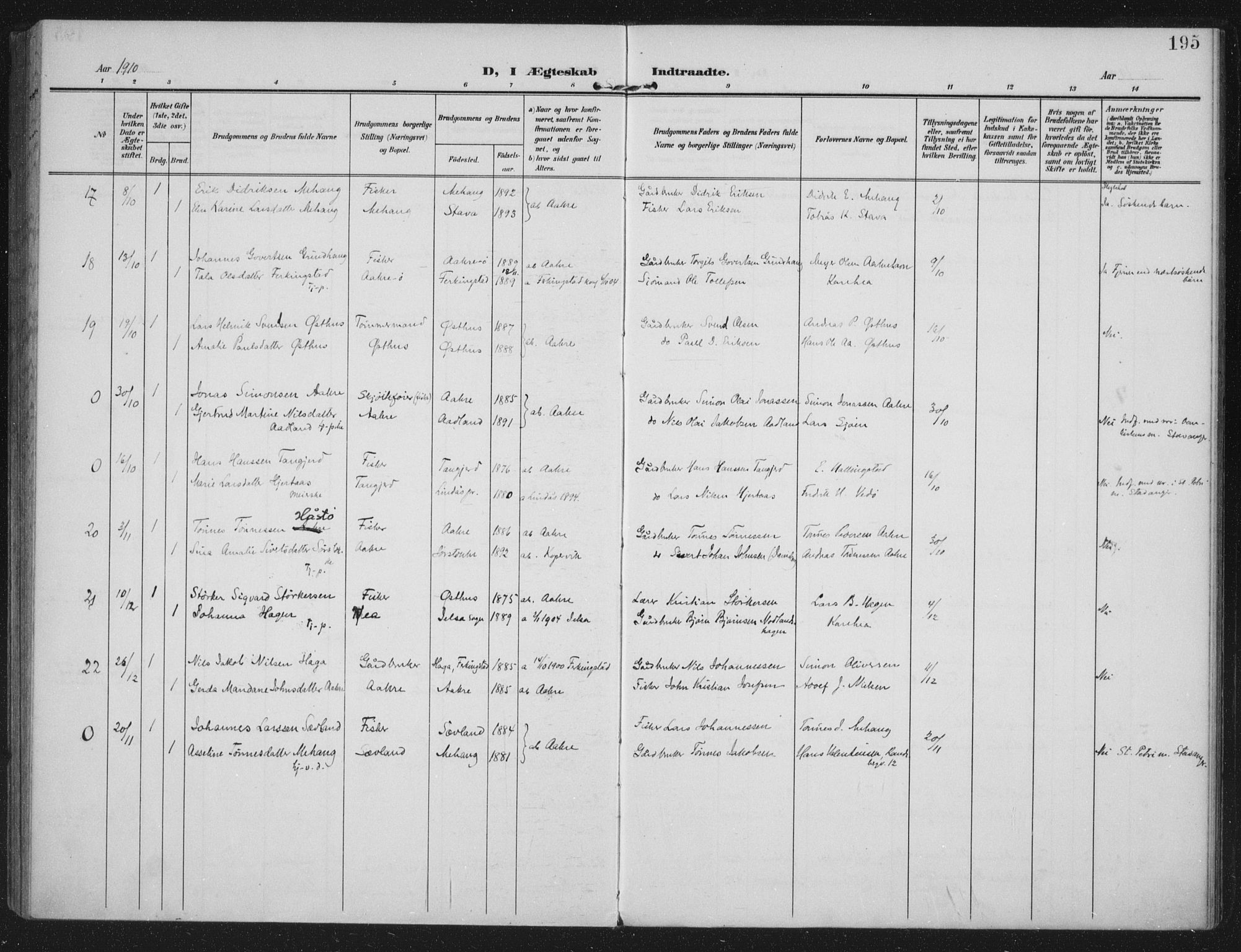 Kopervik sokneprestkontor, AV/SAST-A-101850/H/Ha/Haa/L0005: Parish register (official) no. A 5, 1906-1924, p. 195