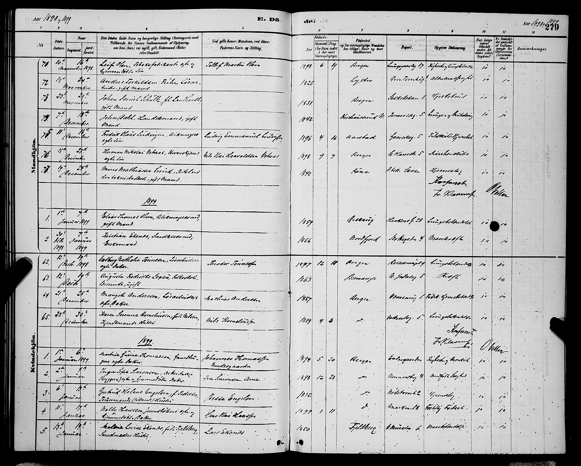 Domkirken sokneprestembete, SAB/A-74801/H/Hab/L0041: Parish register (copy) no. E 5, 1878-1900, p. 279