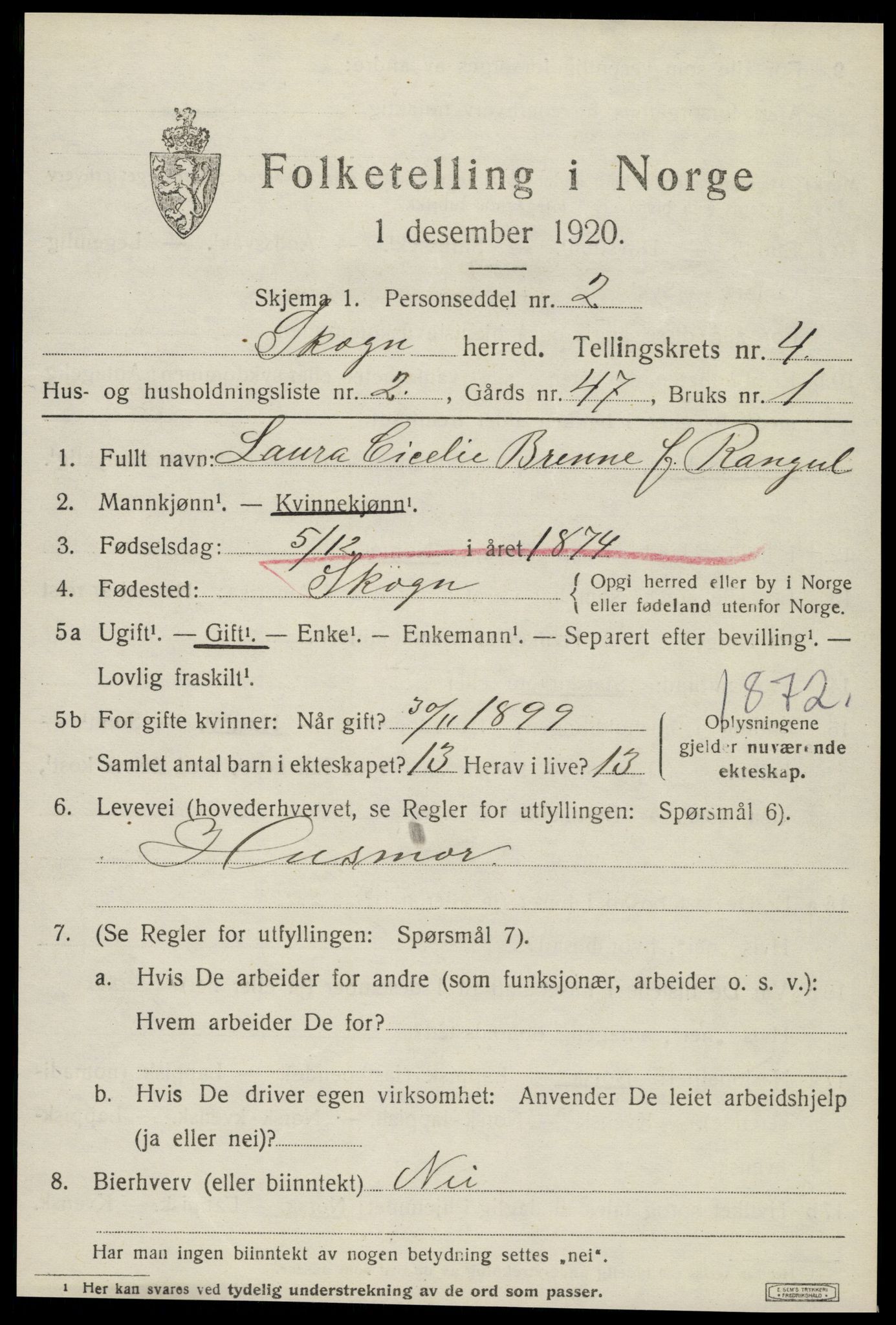 SAT, 1920 census for Skogn, 1920, p. 5853