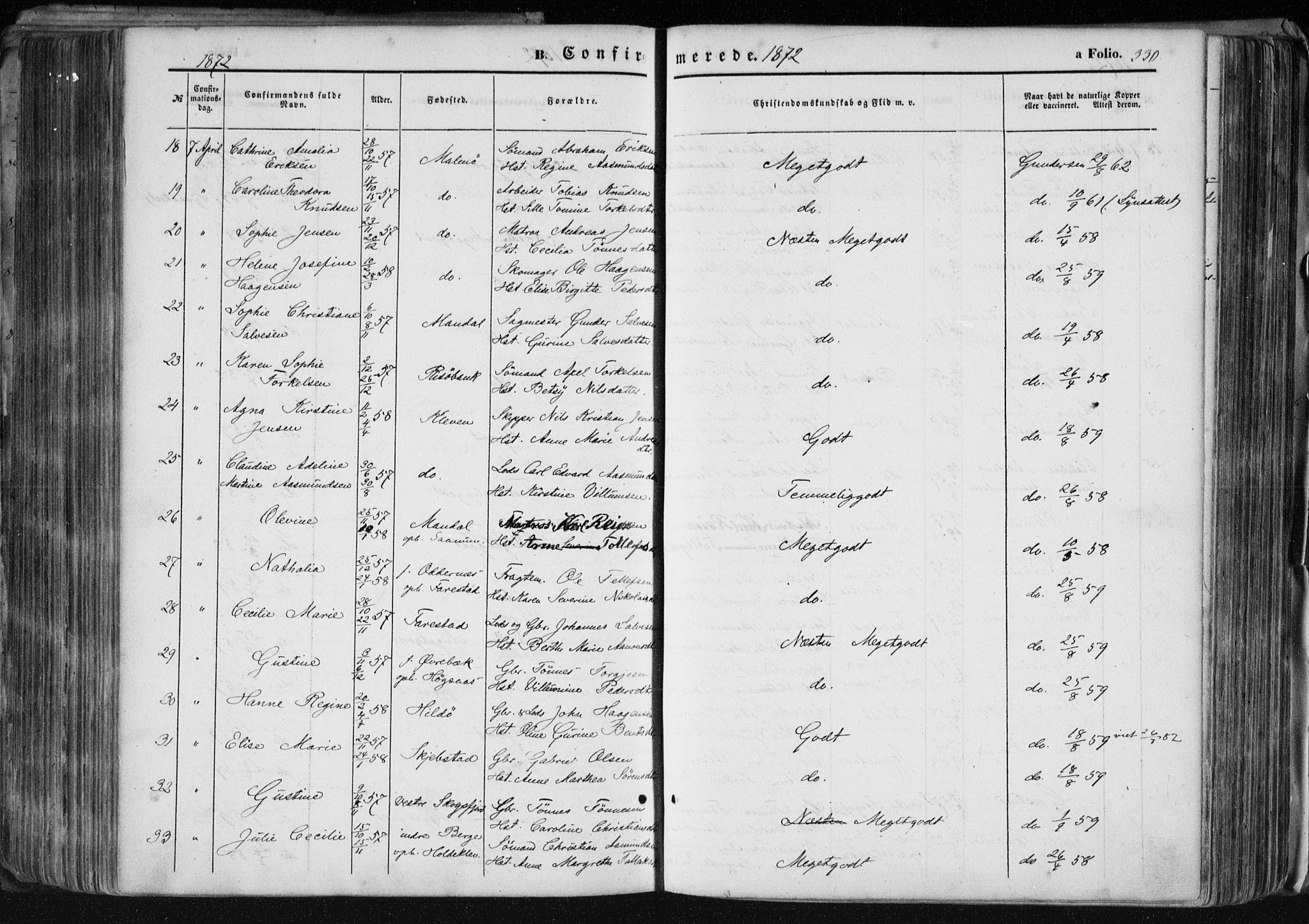 Mandal sokneprestkontor, AV/SAK-1111-0030/F/Fa/Faa/L0014: Parish register (official) no. A 14, 1859-1872, p. 330