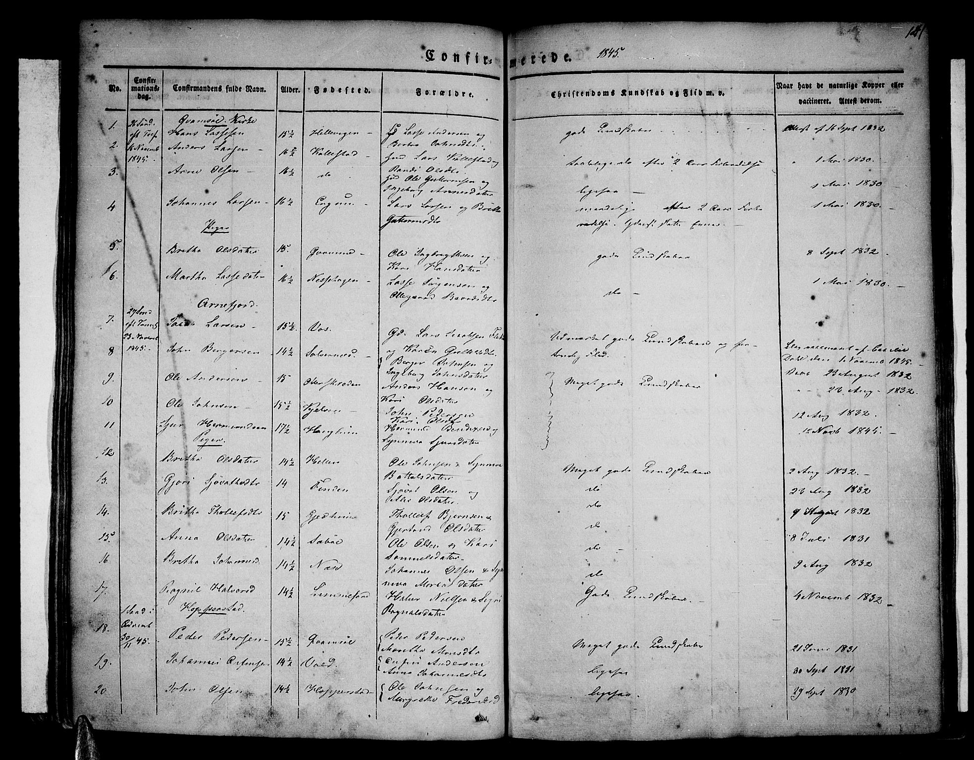 Vik sokneprestembete, AV/SAB-A-81501/H/Haa/Haaa/L0007: Parish register (official) no. A 7, 1831-1845, p. 141