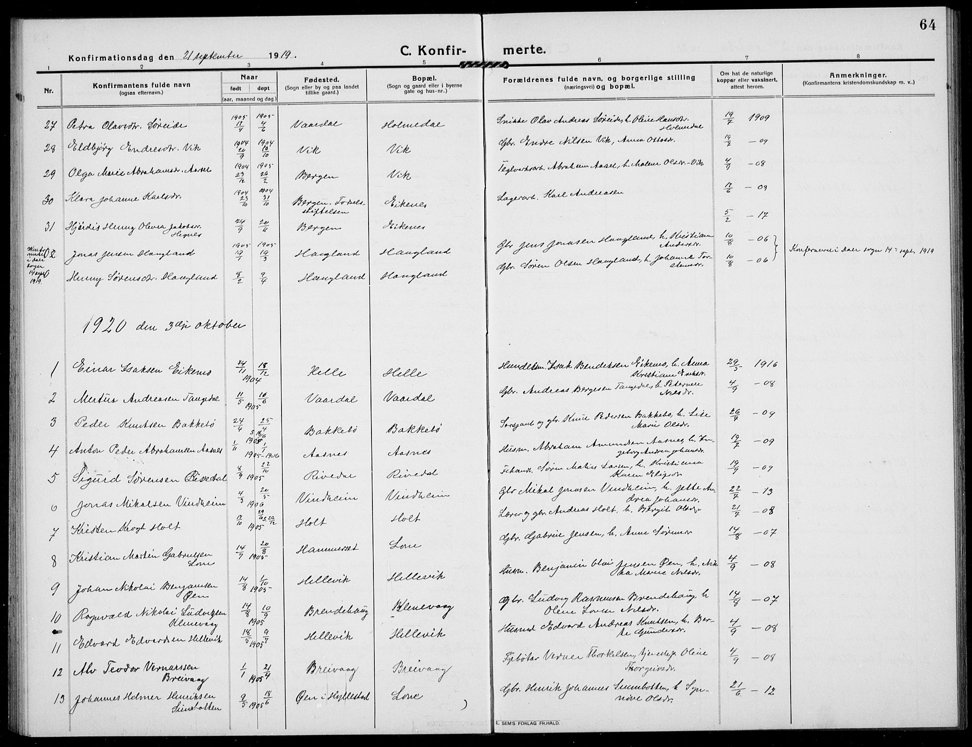 Fjaler sokneprestembete, AV/SAB-A-79801/H/Hab/Habb/L0003: Parish register (copy) no. B 3, 1913-1940, p. 64