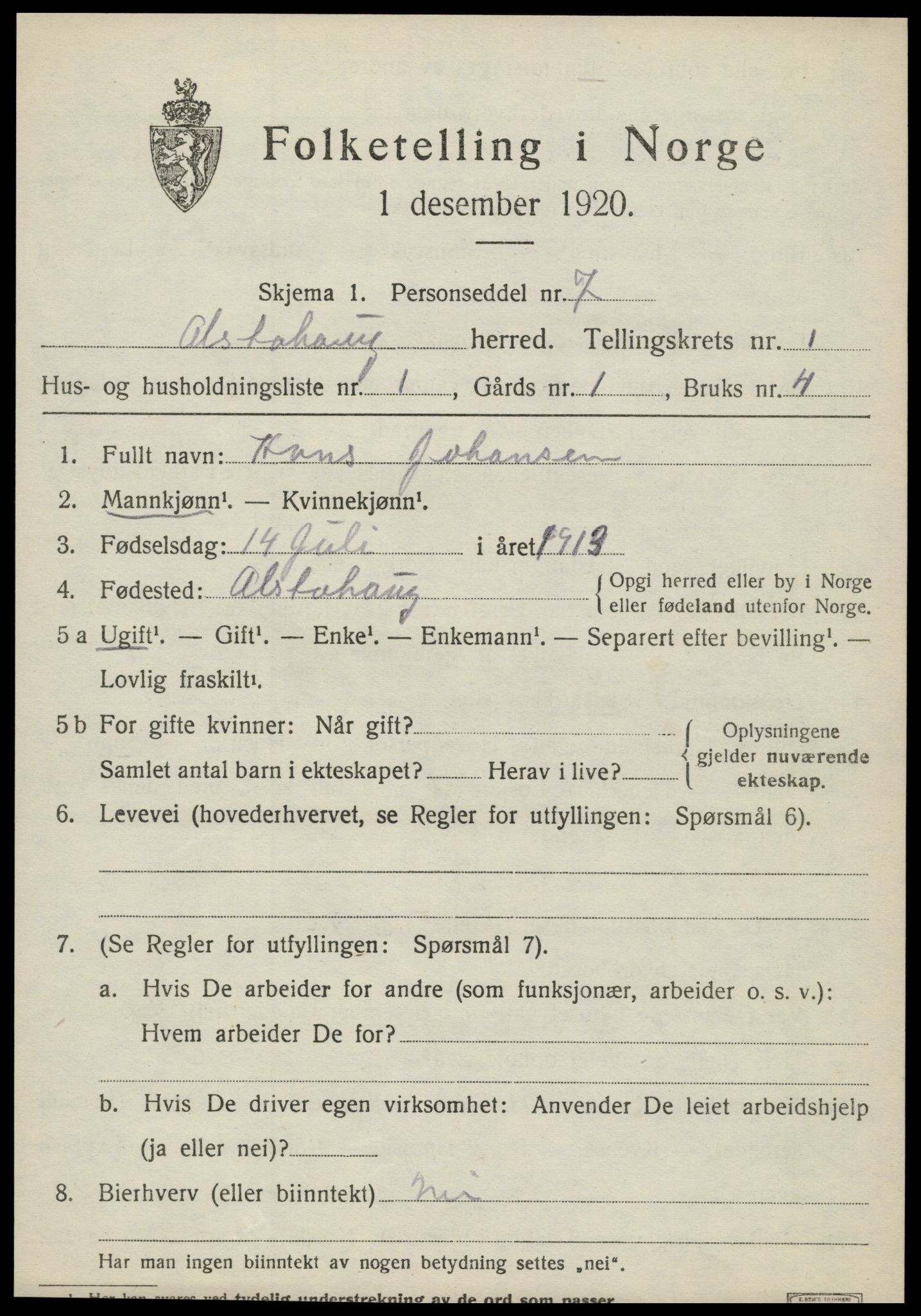 SAT, 1920 census for Alstahaug, 1920, p. 587