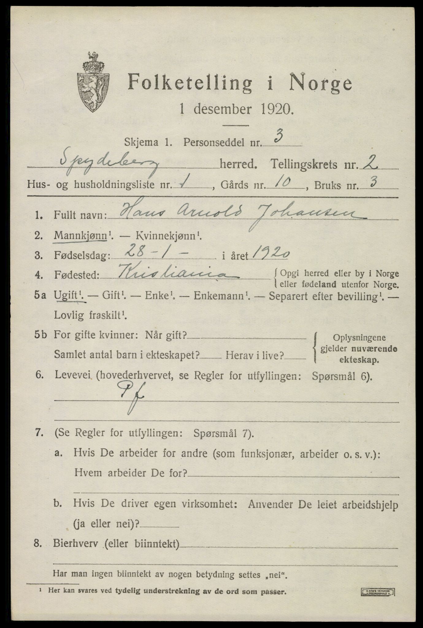 SAO, 1920 census for Spydeberg, 1920, p. 2811