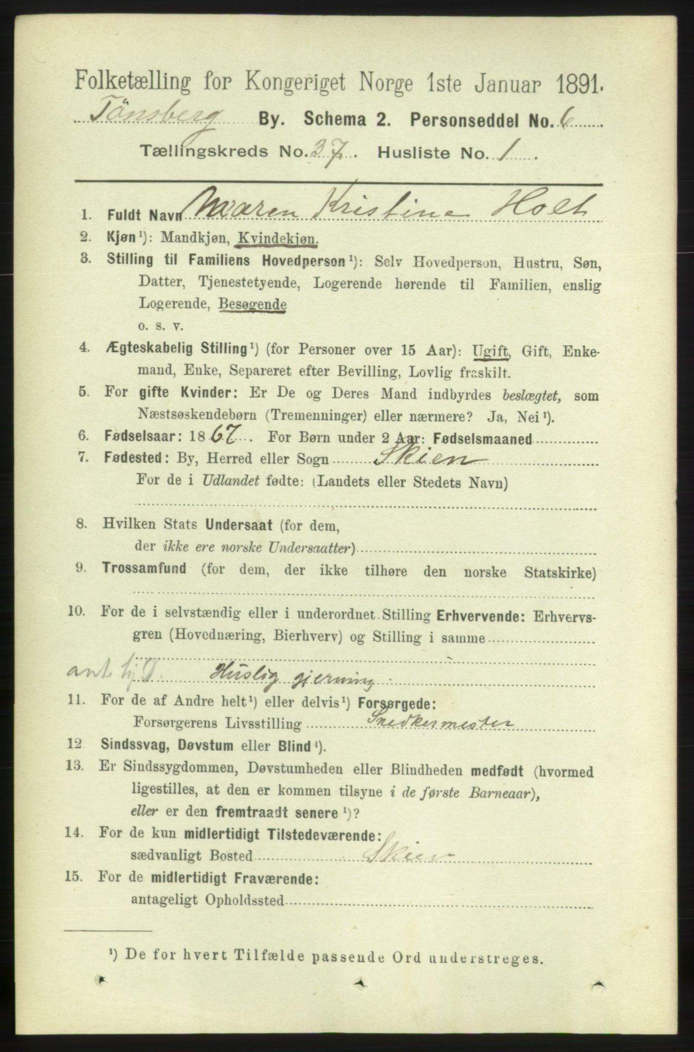 RA, 1891 census for 0705 Tønsberg, 1891, p. 7989