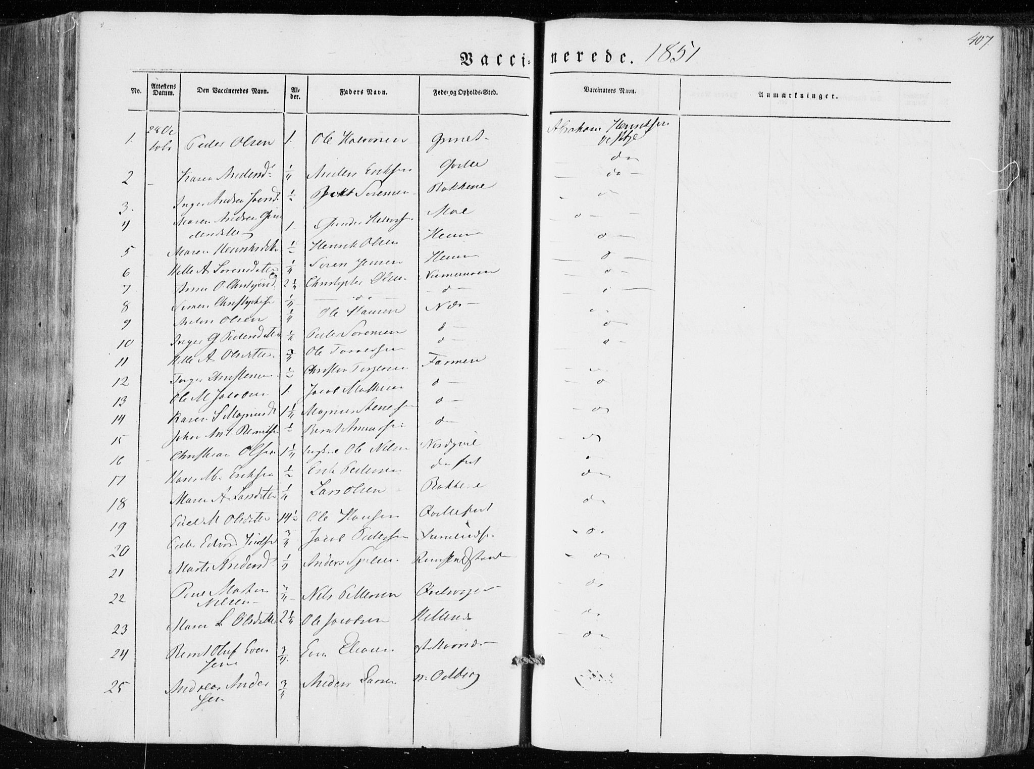 Hedrum kirkebøker, AV/SAKO-A-344/F/Fa/L0006: Parish register (official) no. I 6, 1849-1857, p. 407