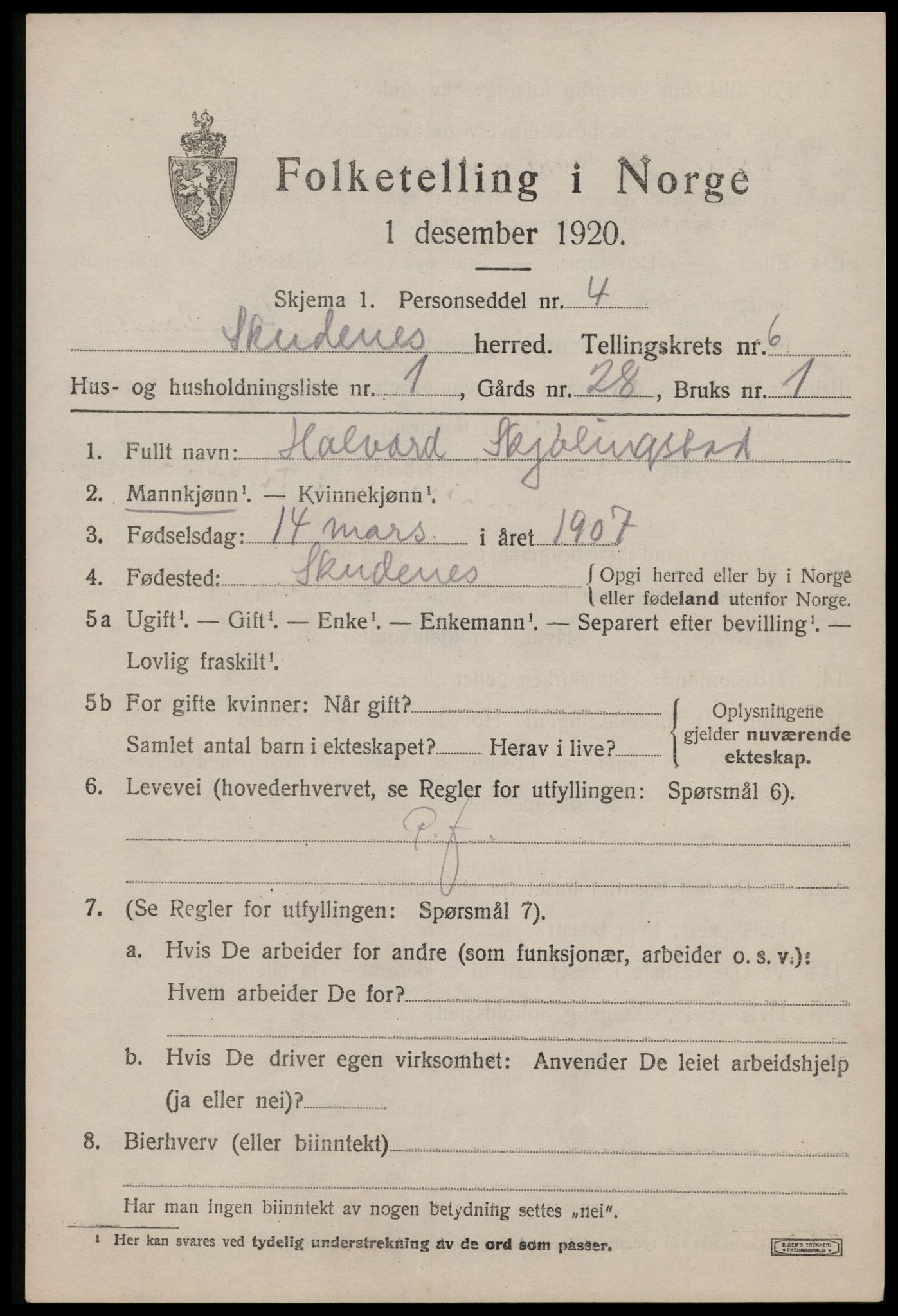 SAST, 1920 census for Skudenes, 1920, p. 4886