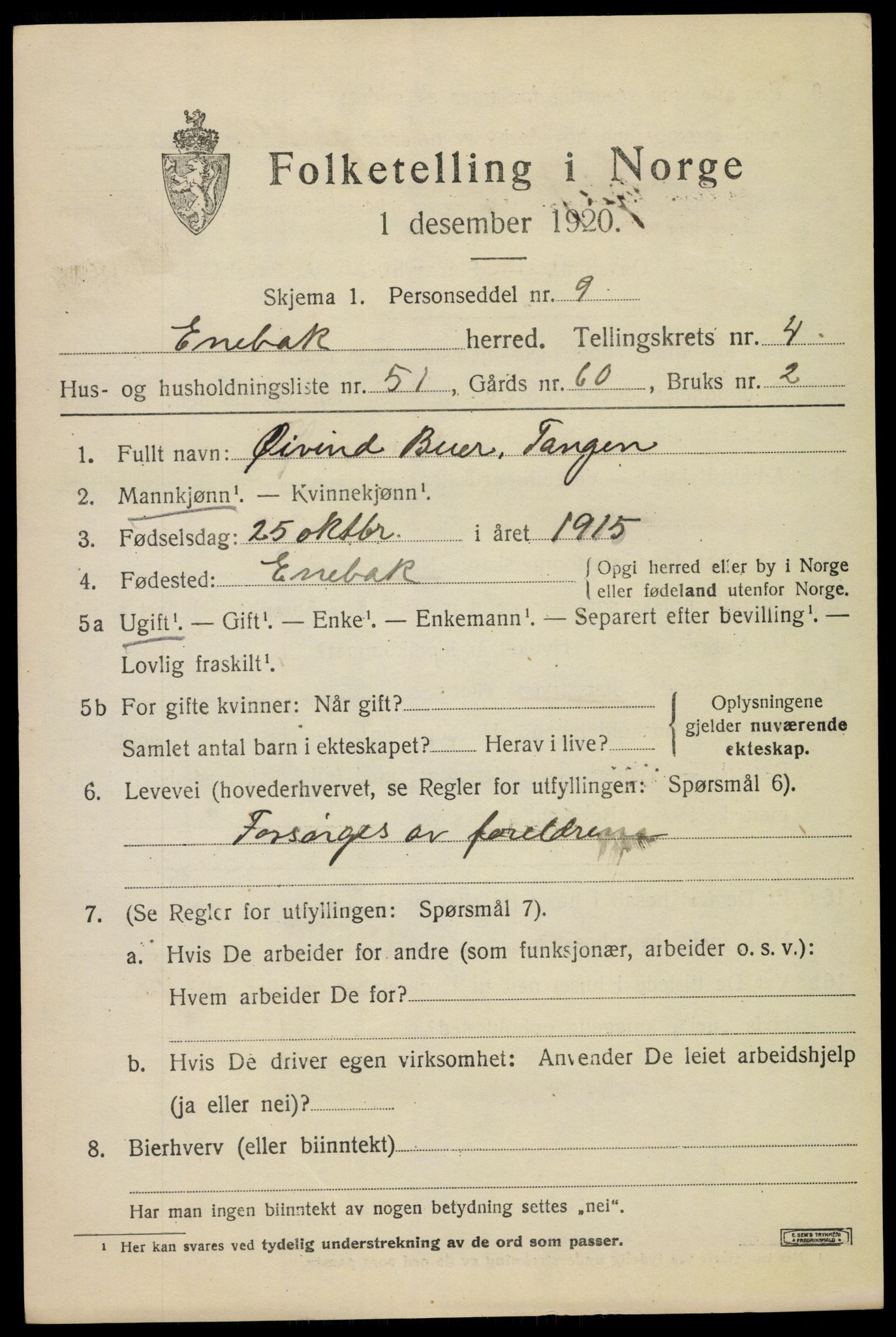 SAO, 1920 census for Enebakk, 1920, p. 4047
