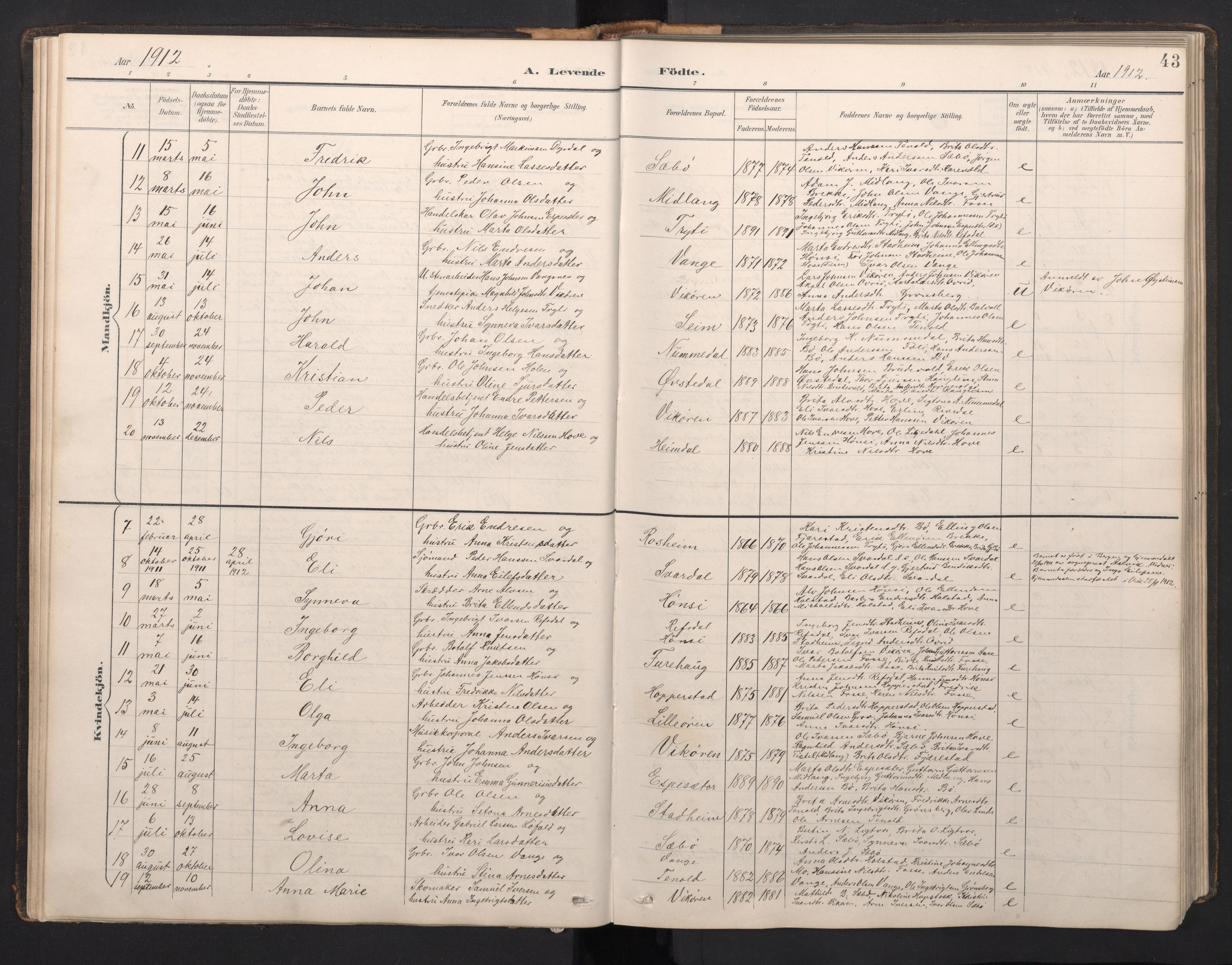 Vik sokneprestembete, SAB/A-81501: Parish register (copy) no. A 4, 1895-1914, p. 42b-43a