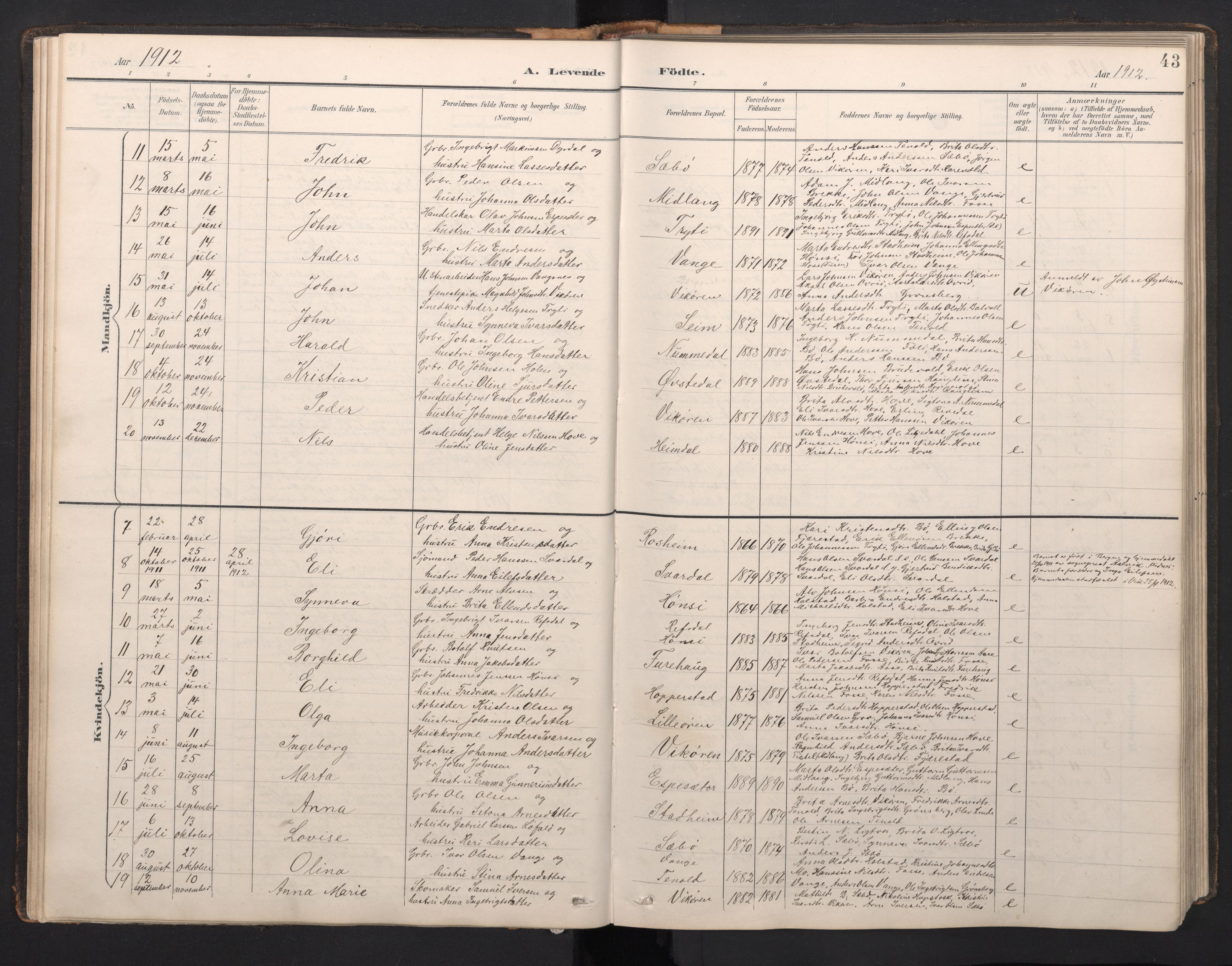 Vik sokneprestembete, AV/SAB-A-81501/H/Hab/Haba/L0004: Parish register (copy) no. A 4, 1895-1914, p. 42b-43a