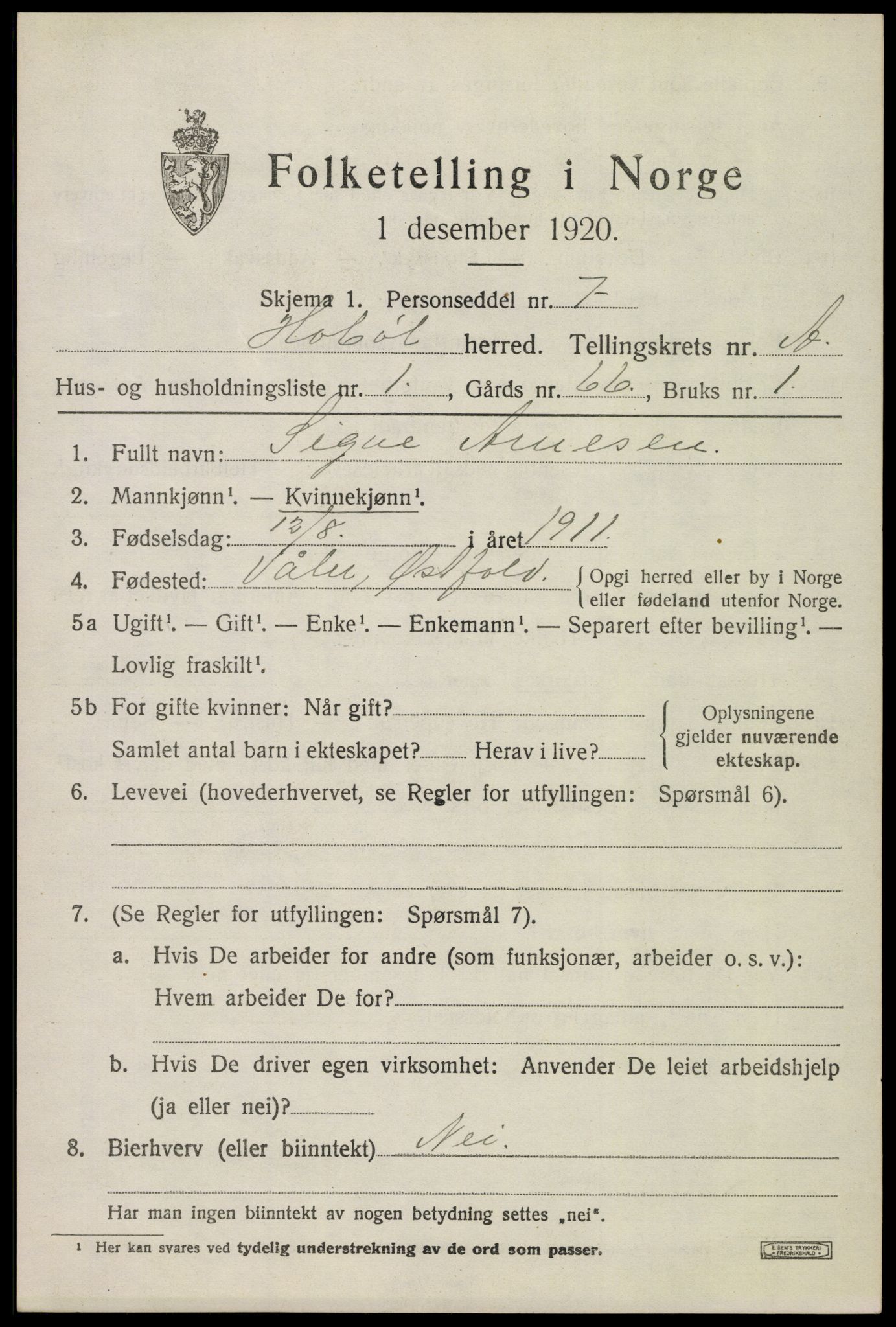 SAO, 1920 census for Hobøl, 1920, p. 898