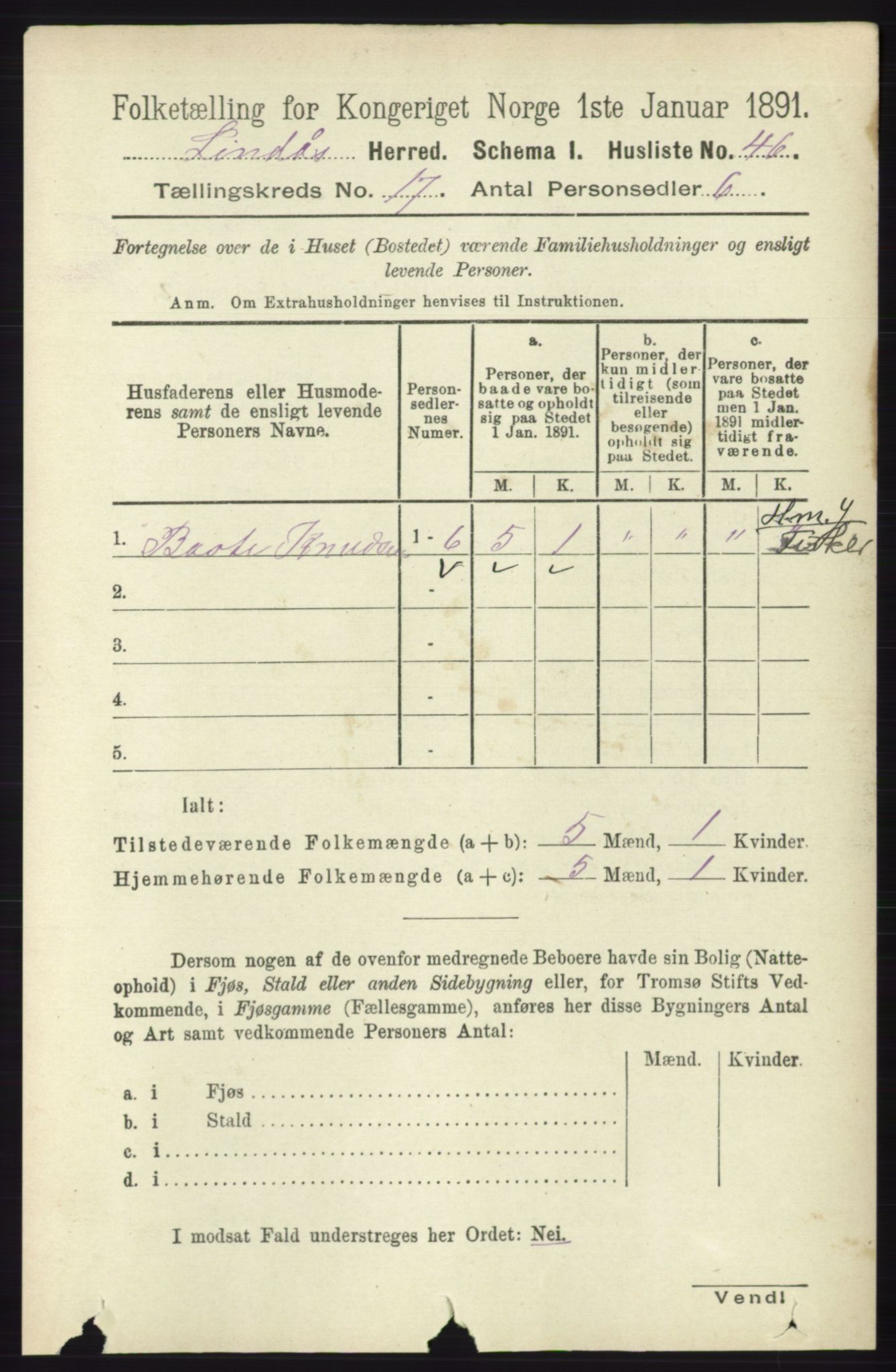 RA, 1891 census for 1263 Lindås, 1891, p. 6128