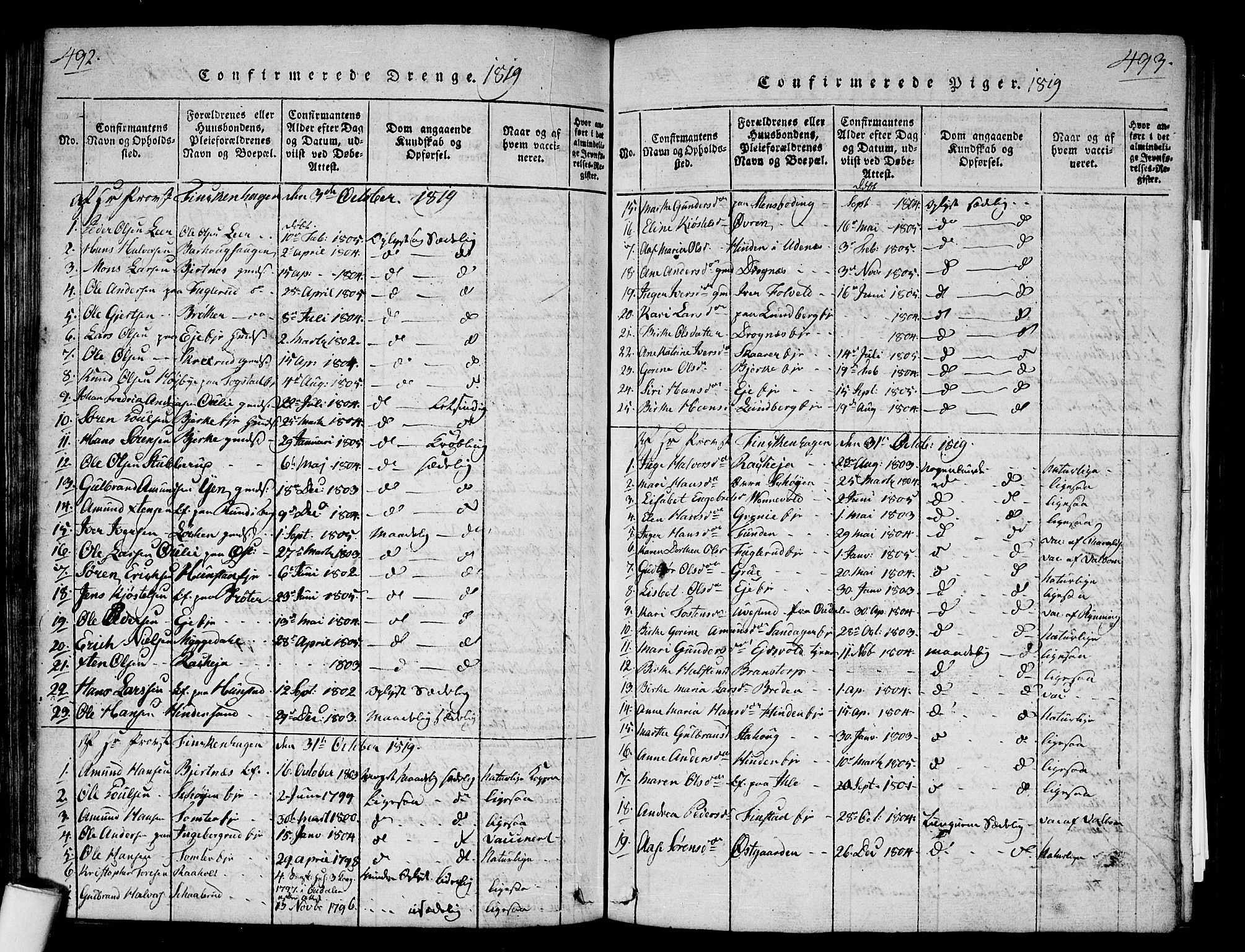 Nes prestekontor Kirkebøker, SAO/A-10410/G/Ga/L0001: Parish register (copy) no. I 1, 1815-1835, p. 492-493