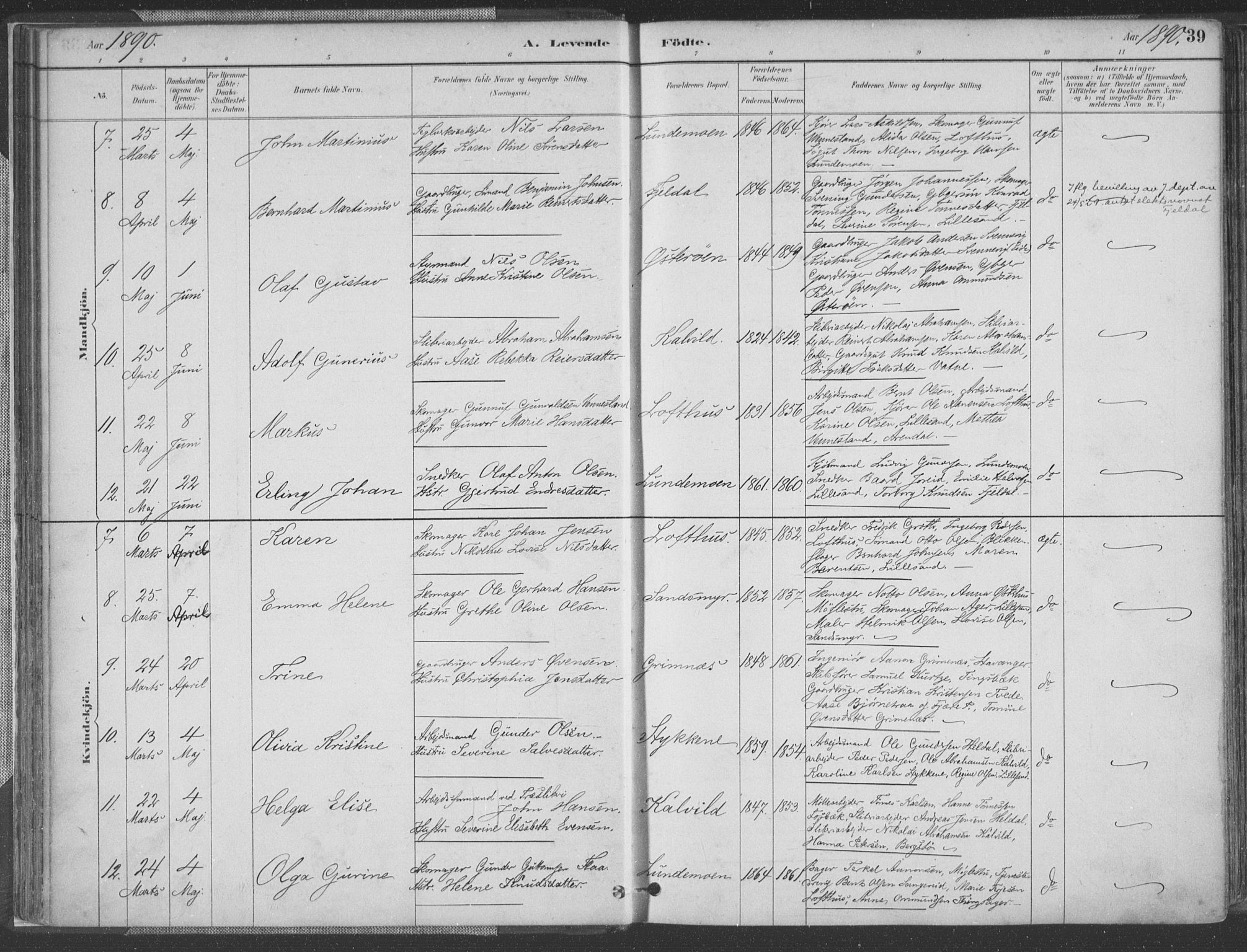 Vestre Moland sokneprestkontor, AV/SAK-1111-0046/F/Fa/Fab/L0009: Parish register (official) no. A 9, 1884-1899, p. 39