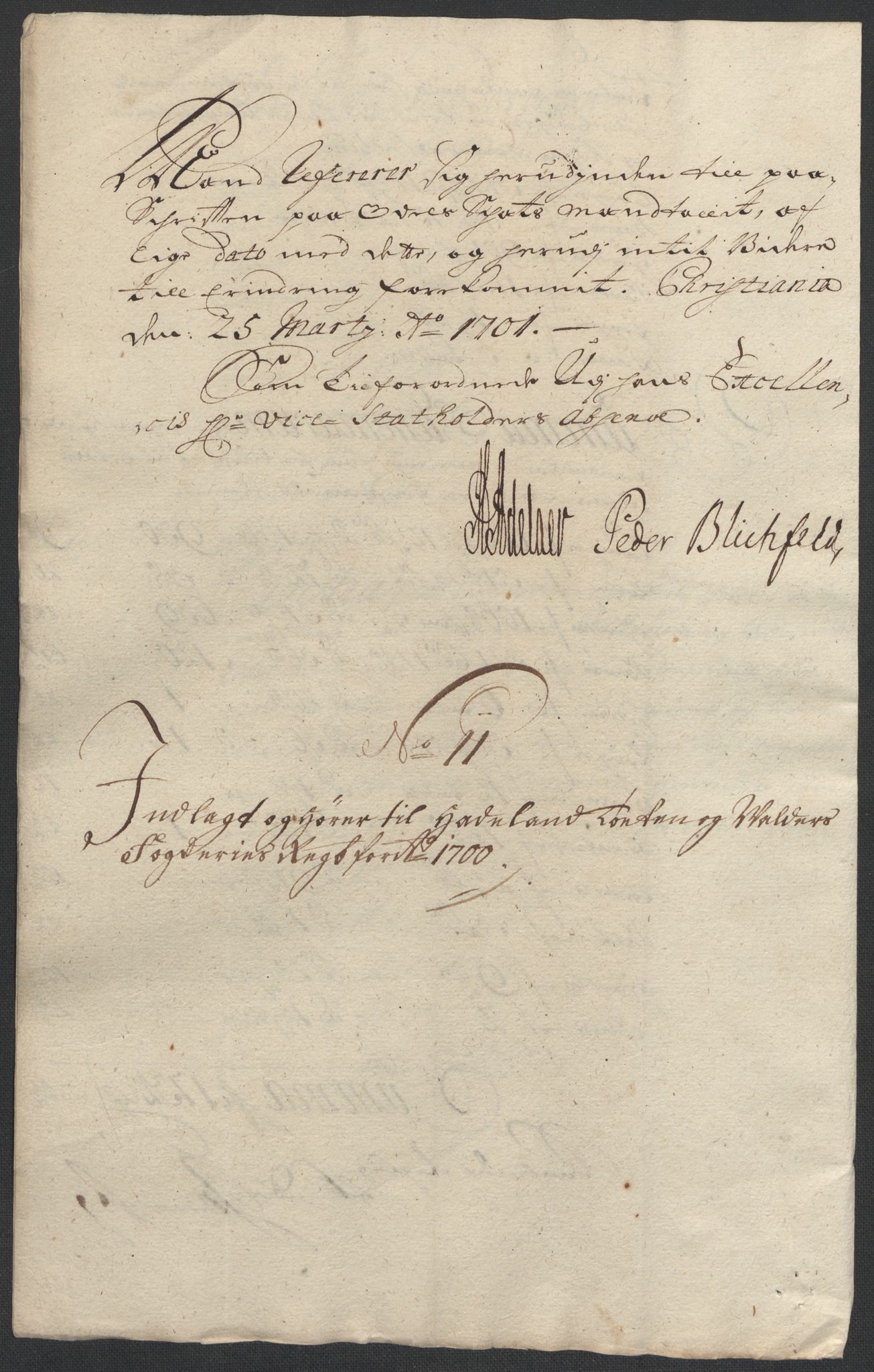 Rentekammeret inntil 1814, Reviderte regnskaper, Fogderegnskap, AV/RA-EA-4092/R18/L1298: Fogderegnskap Hadeland, Toten og Valdres, 1700, p. 415