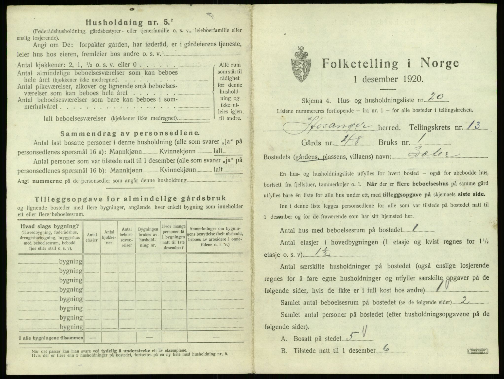 SAB, 1920 census for Hosanger, 1920, p. 711