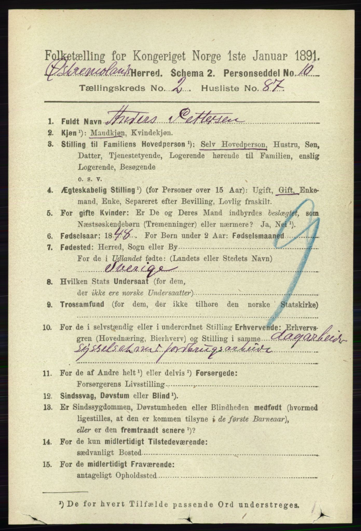 RA, 1891 census for 0918 Austre Moland, 1891, p. 1194